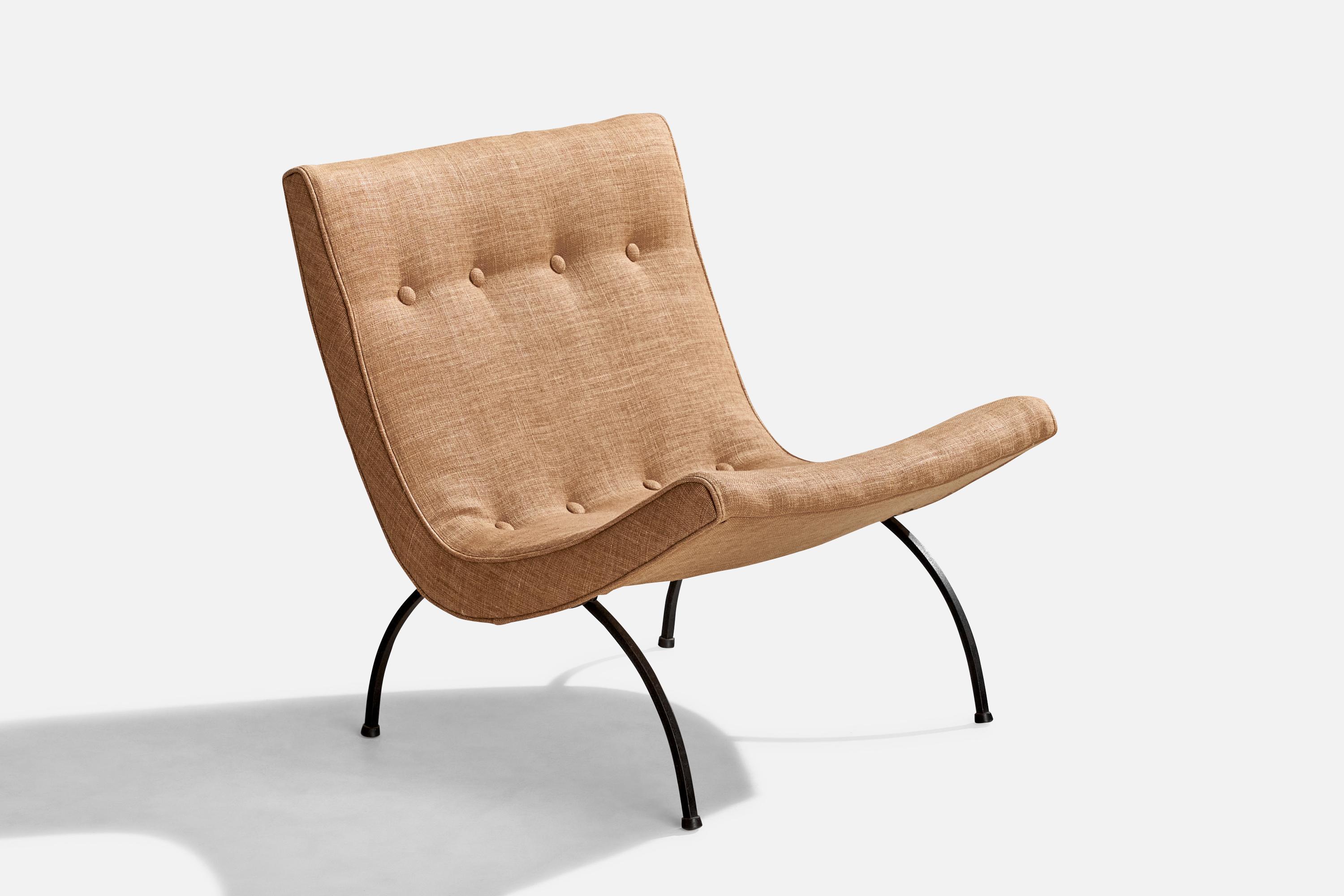 A black-painted iron and brown fabric lounge chair or slipper chair, designed by Milo Baughman and produced by Thayer Coggin, High Point, North Carolina, USA, 1950s.

Reupholstered in brand new fabric.

Seat Dimensions: 29.875