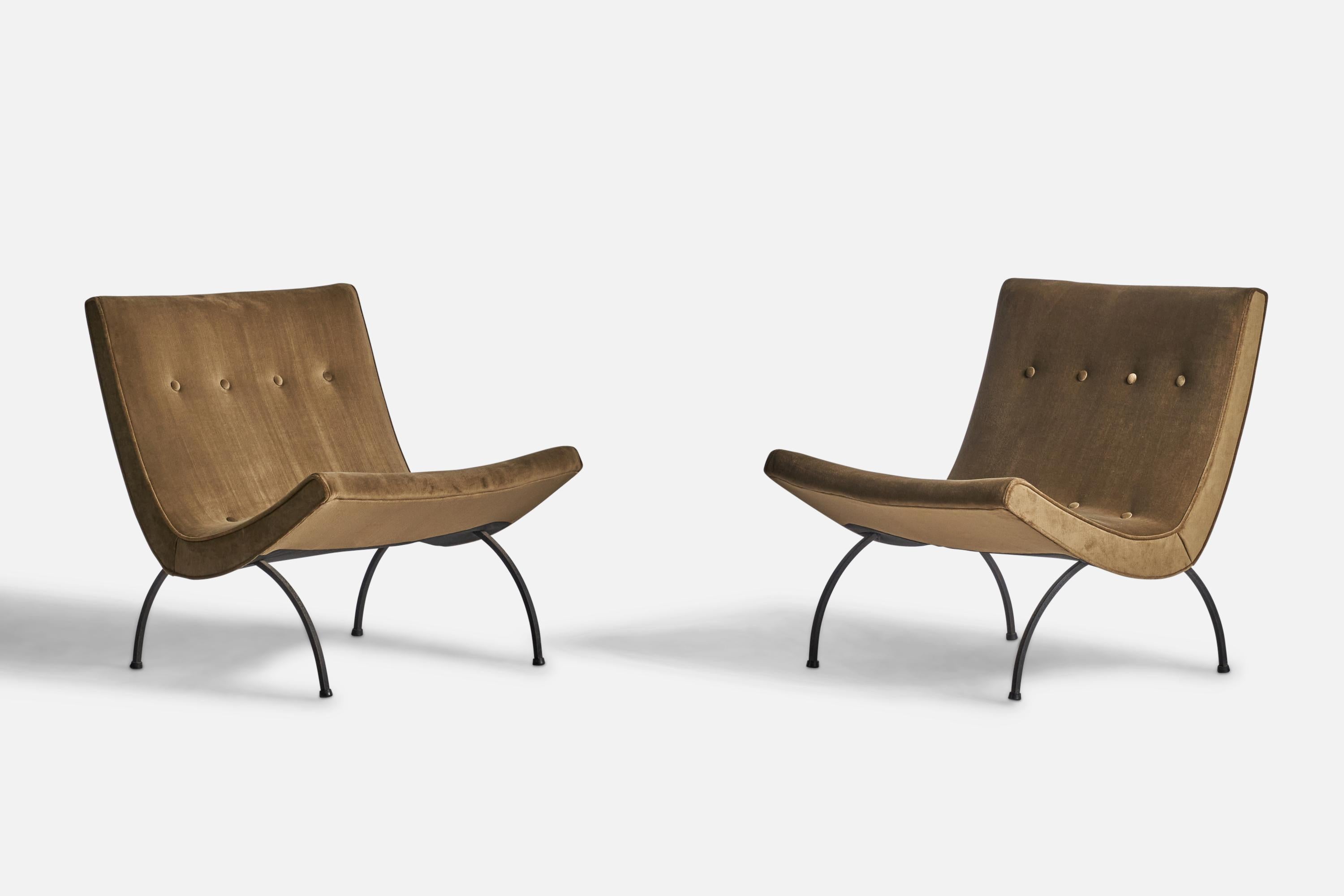 A pair of black-painted iron and beige brown velvet fabric lounge chairs or slipper chairs, designed by Milo Baughman and produced by Thayer Coggin, High Point, North Carolina, USA, 1950s.

12” seat height