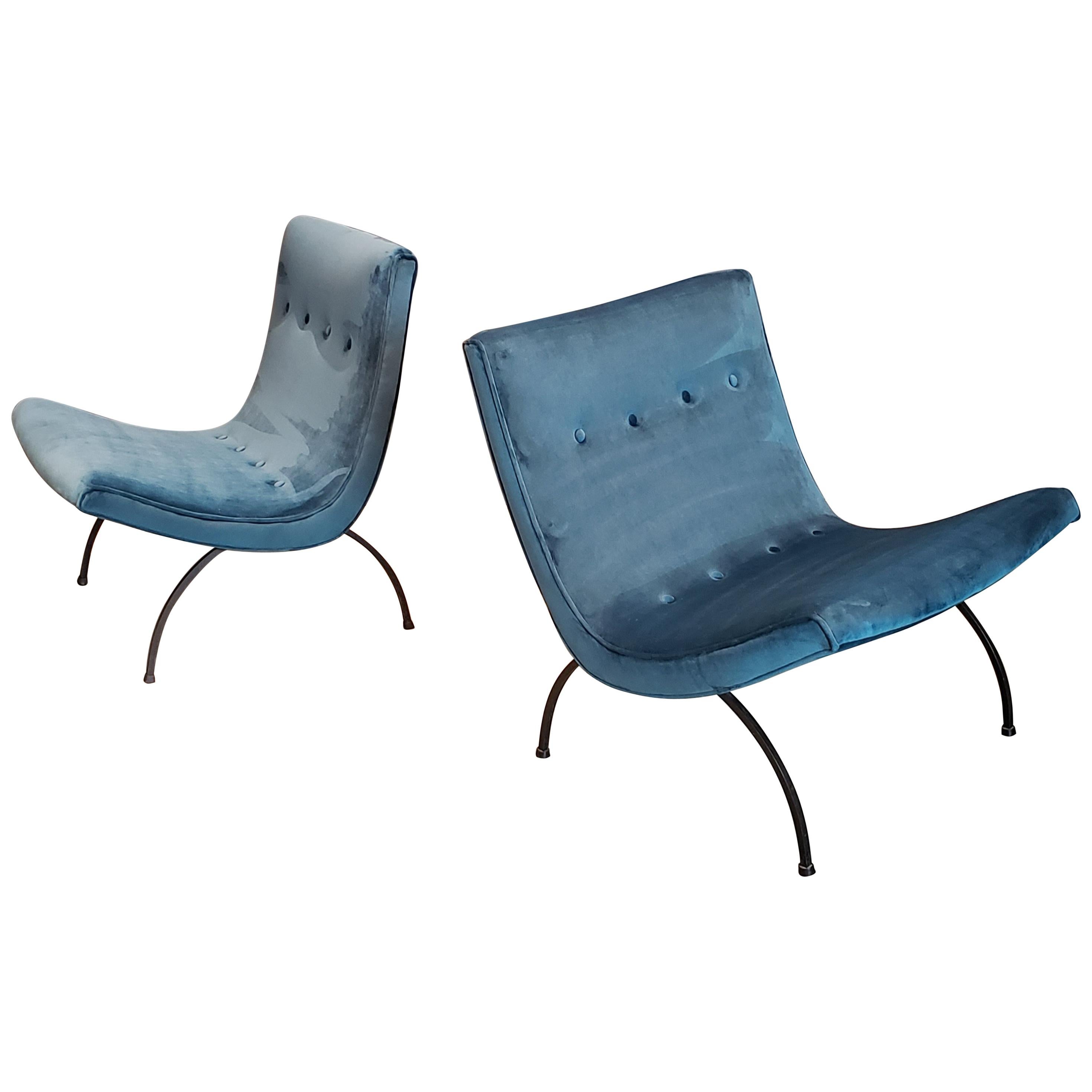 Milo Baughman "Scoop" Midcentury Lounge Chairs in Teal Velvet and Wrought Iron