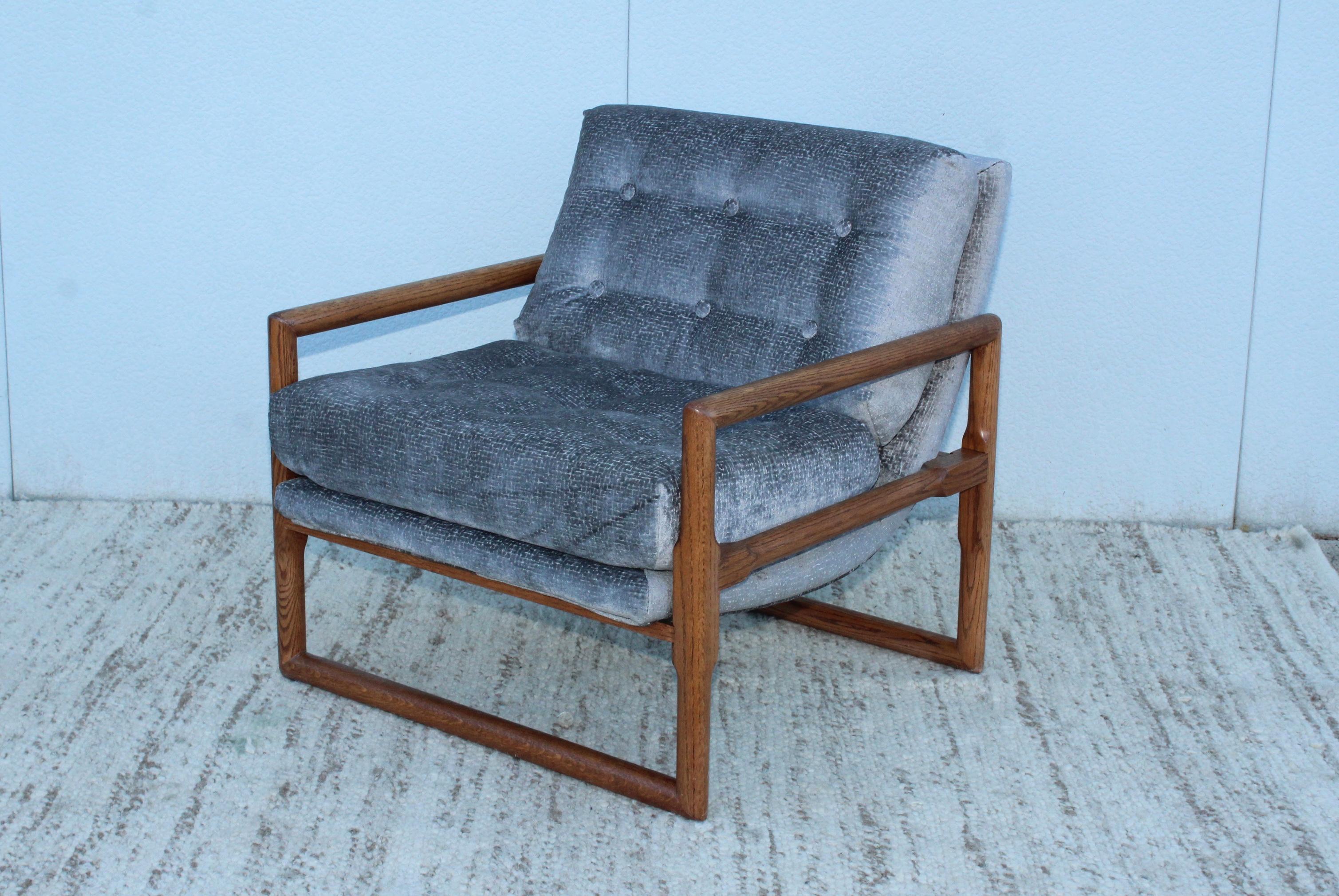 Chenille Milo Baughman Scoop Oak Lounge Chairs