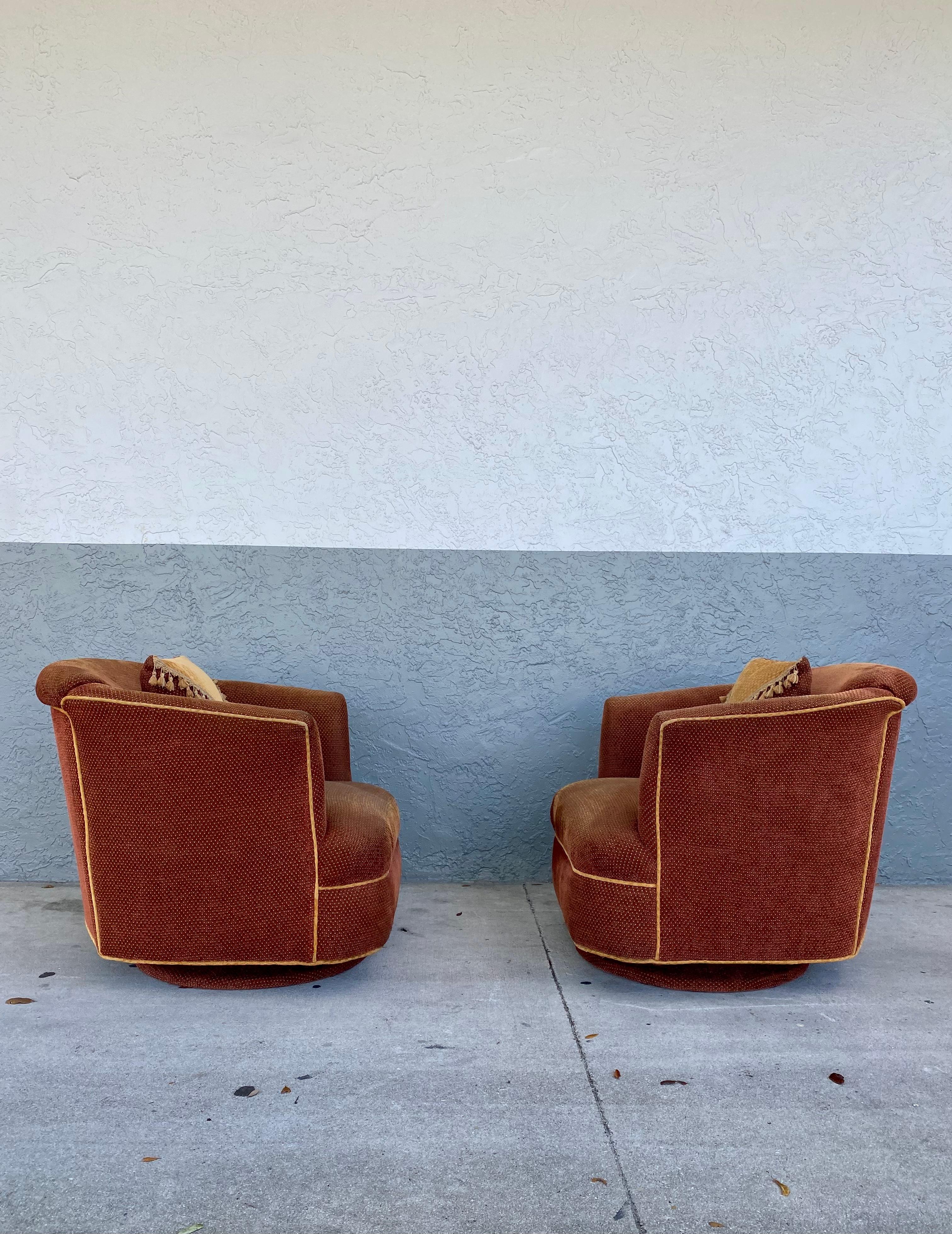 Mid-Century Modern Milo Baughman Sculptural Barrel Velvet Rocking Tilt Swivel Chairs, Set of 2