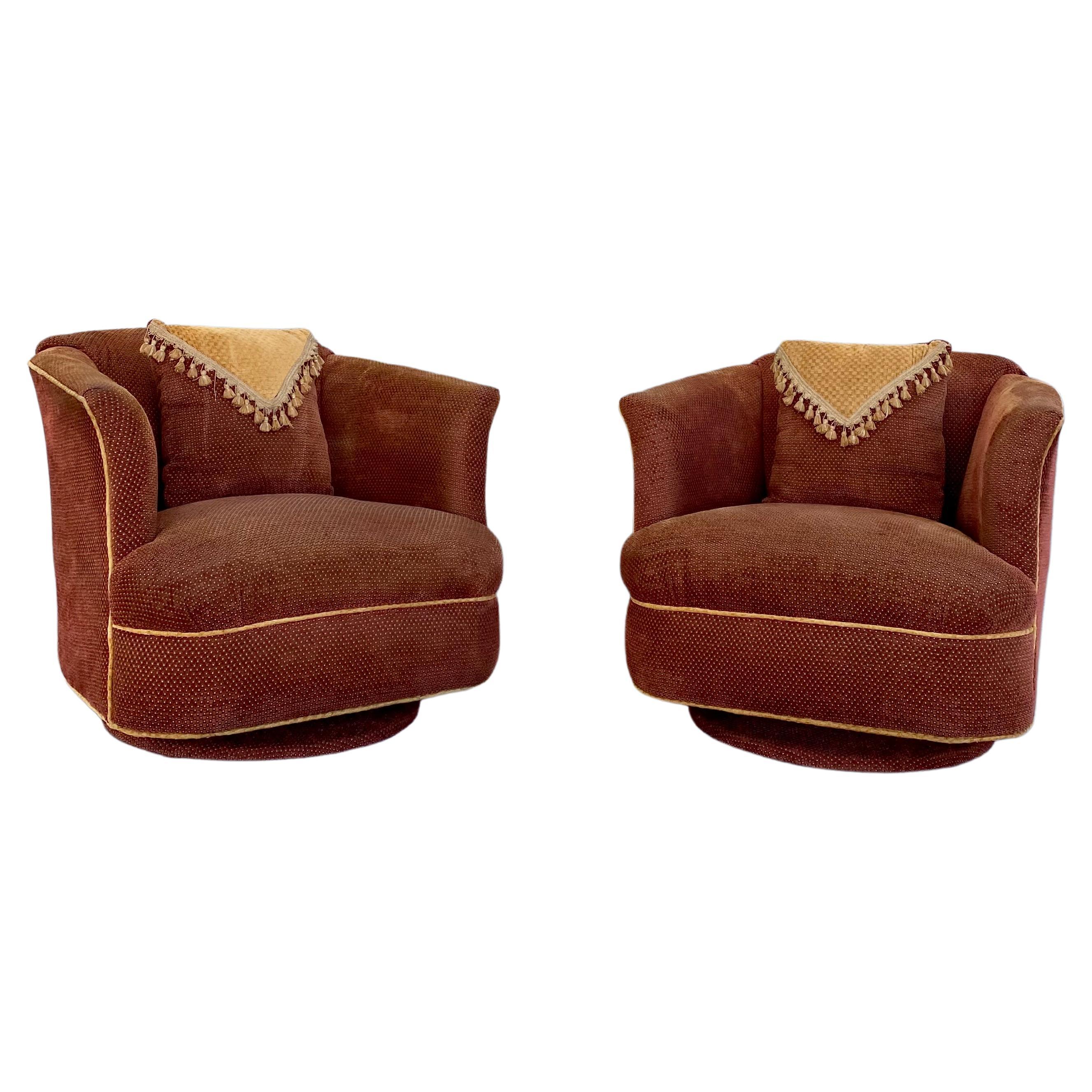 Milo Baughman Sculptural Barrel Velvet Rocking Tilt Swivel Chairs, Set of 2