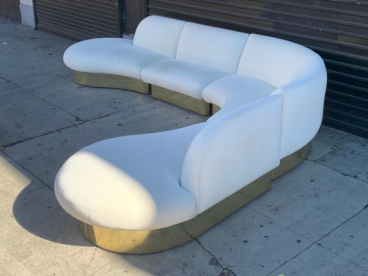 Late 20th Century Milo Baughman Sectional Serpentine Sofa with Brass Base