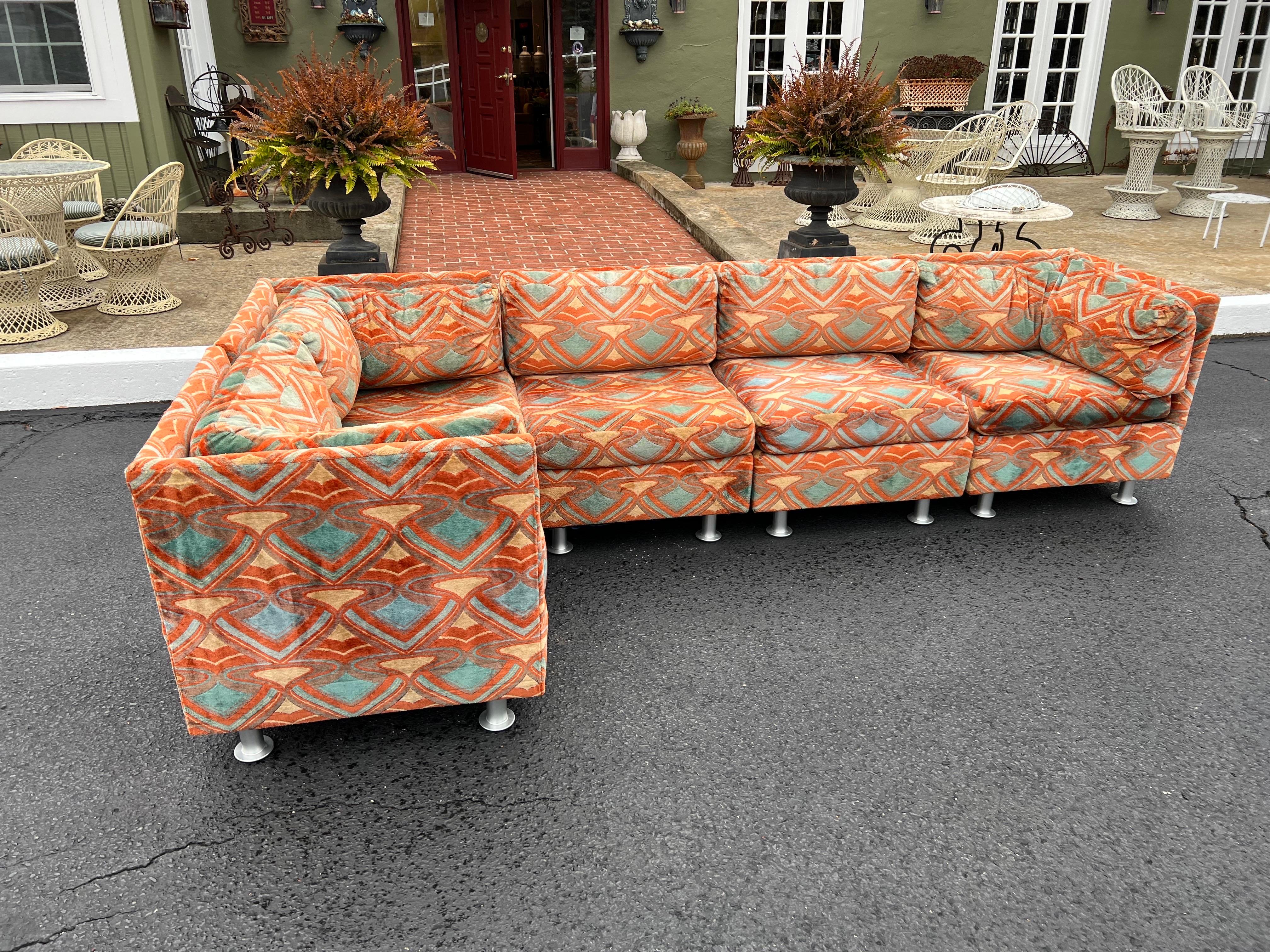 1970s milo baughman style sofa with jack lenor larsen chevron upholstery