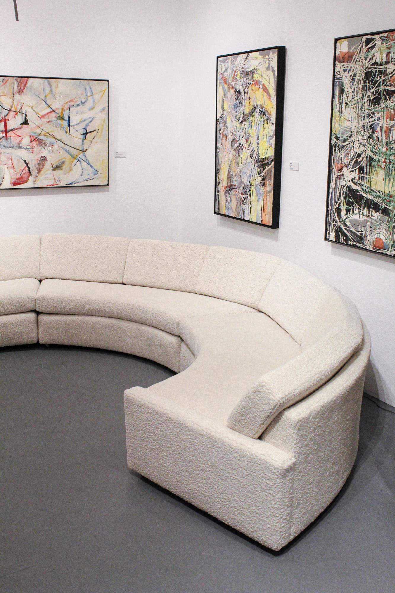 Beautiful Early 1968 three piece Milo Baughman semi circular sofa for Thayer Coggin. 

Sofa has been reupholstered in a stunning thick nubby Boucle Fabric. This is an incredible Sofa that would make any room a Mid Century classic statement piece.