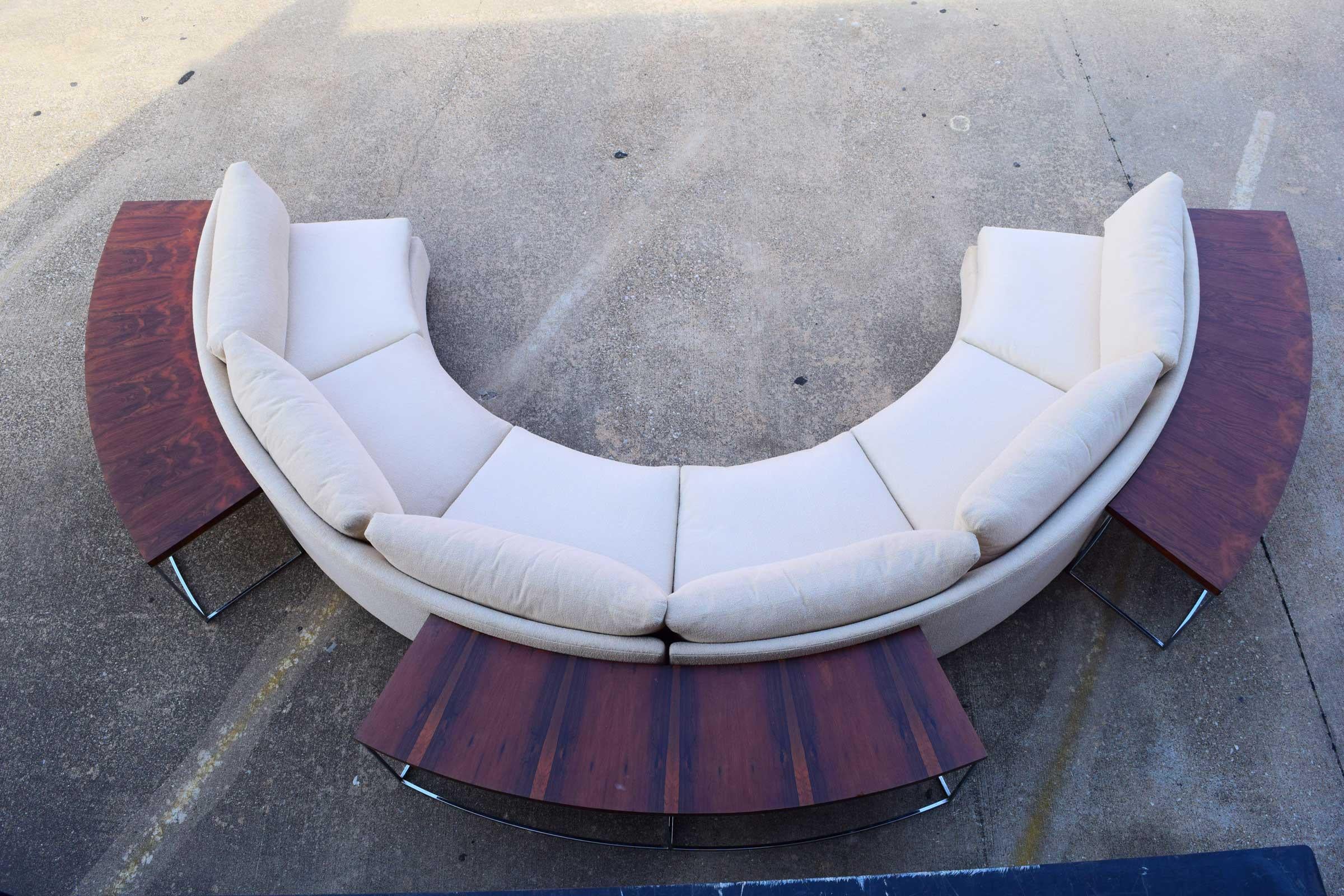 Milo Baughman Curved Sectional Sofa in Off-White with Rosewood Tables 1