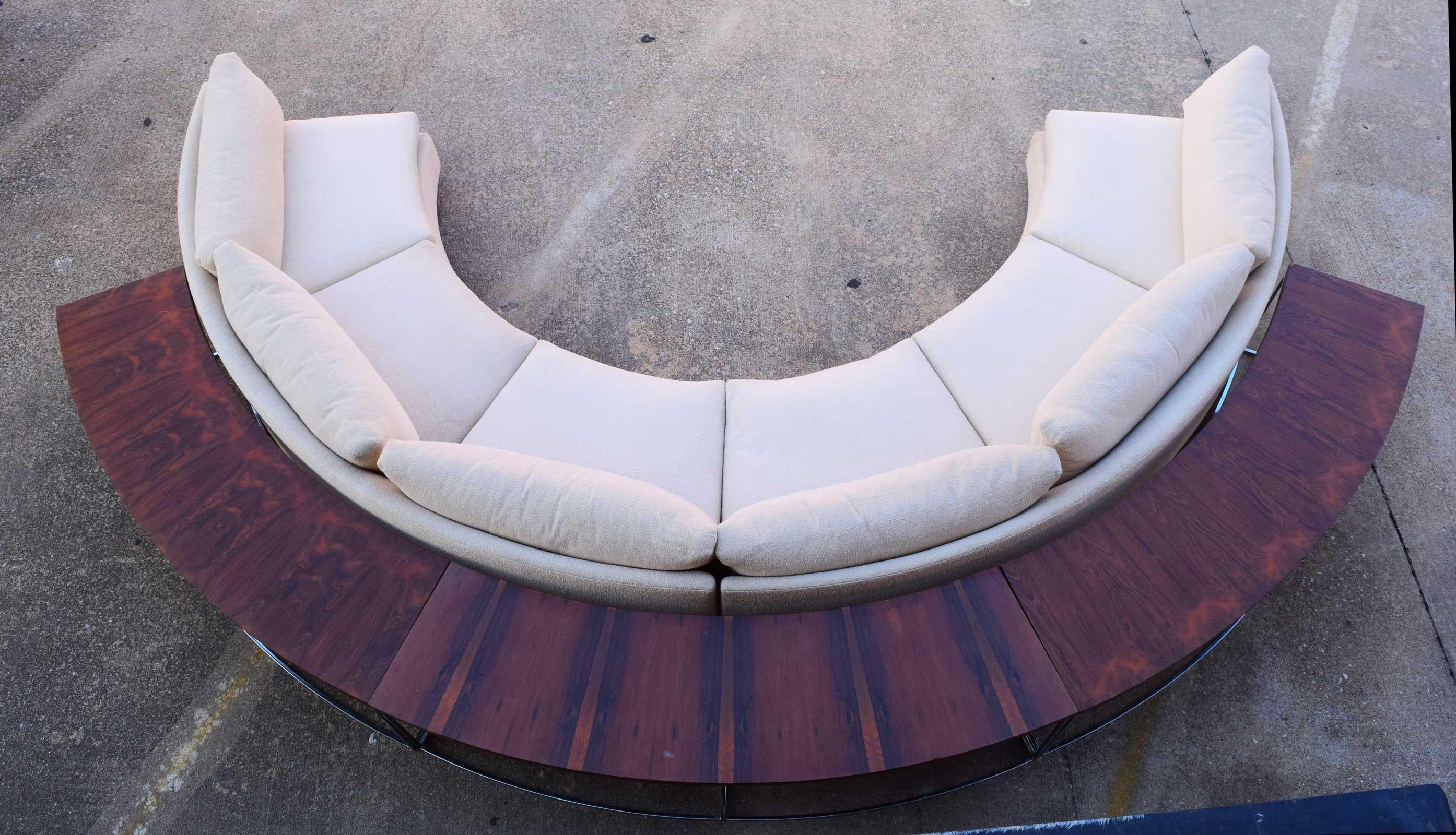 Milo Baughman Curved Sectional Sofa in Off-White with Rosewood Tables 5