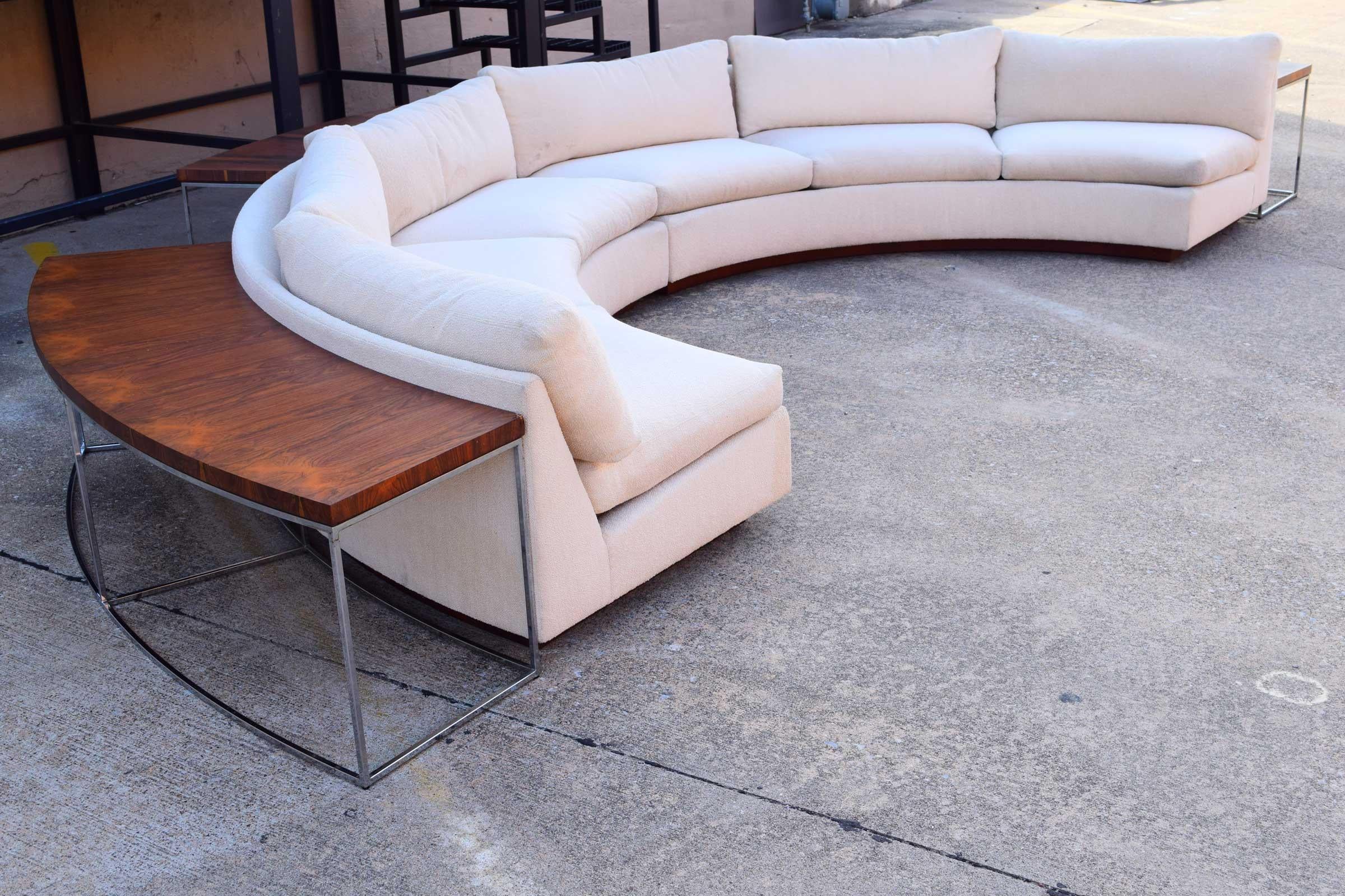 20th Century Milo Baughman Curved Sectional Sofa in Off-White with Rosewood Tables