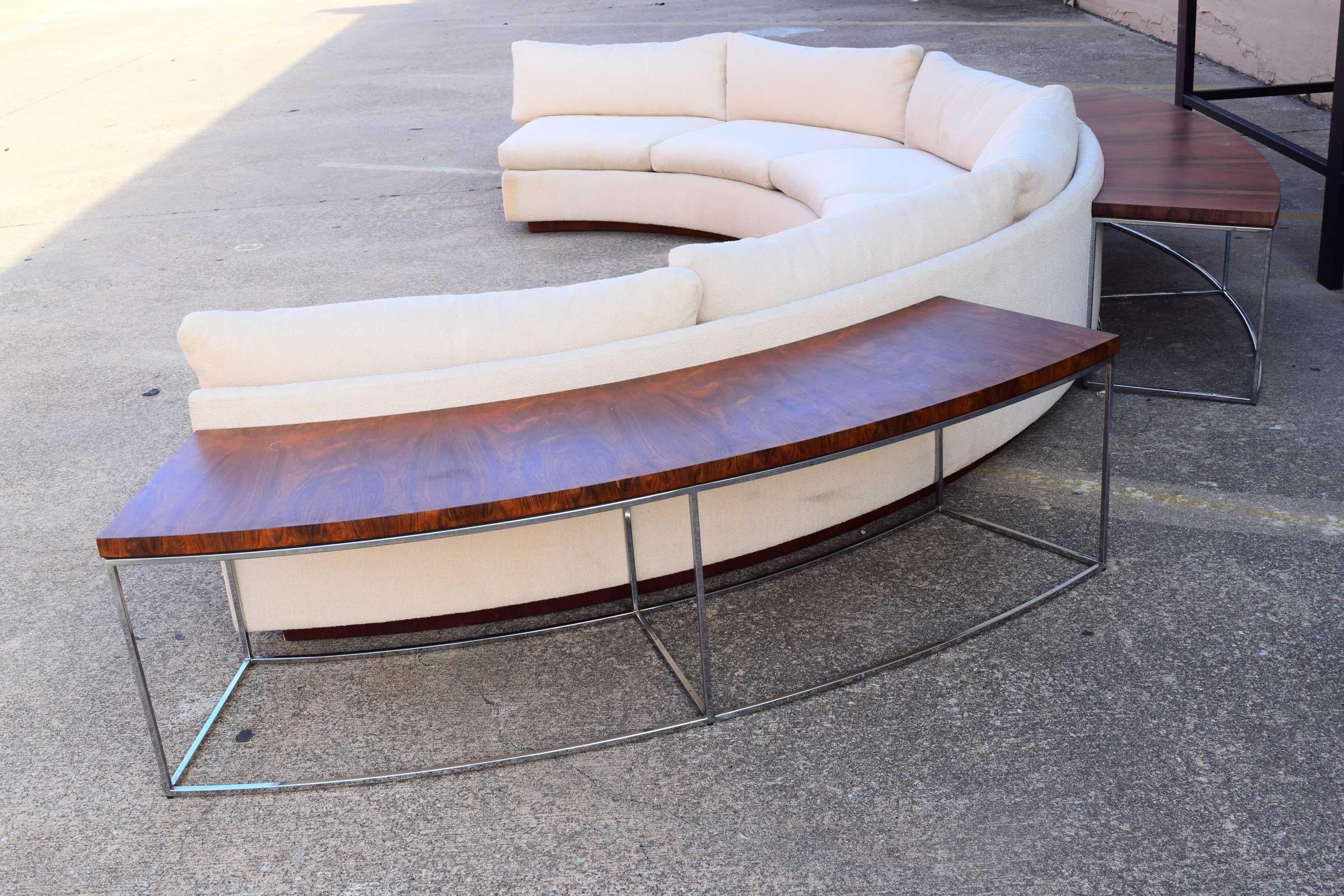 Upholstery Milo Baughman Curved Sectional Sofa in Off-White with Rosewood Tables