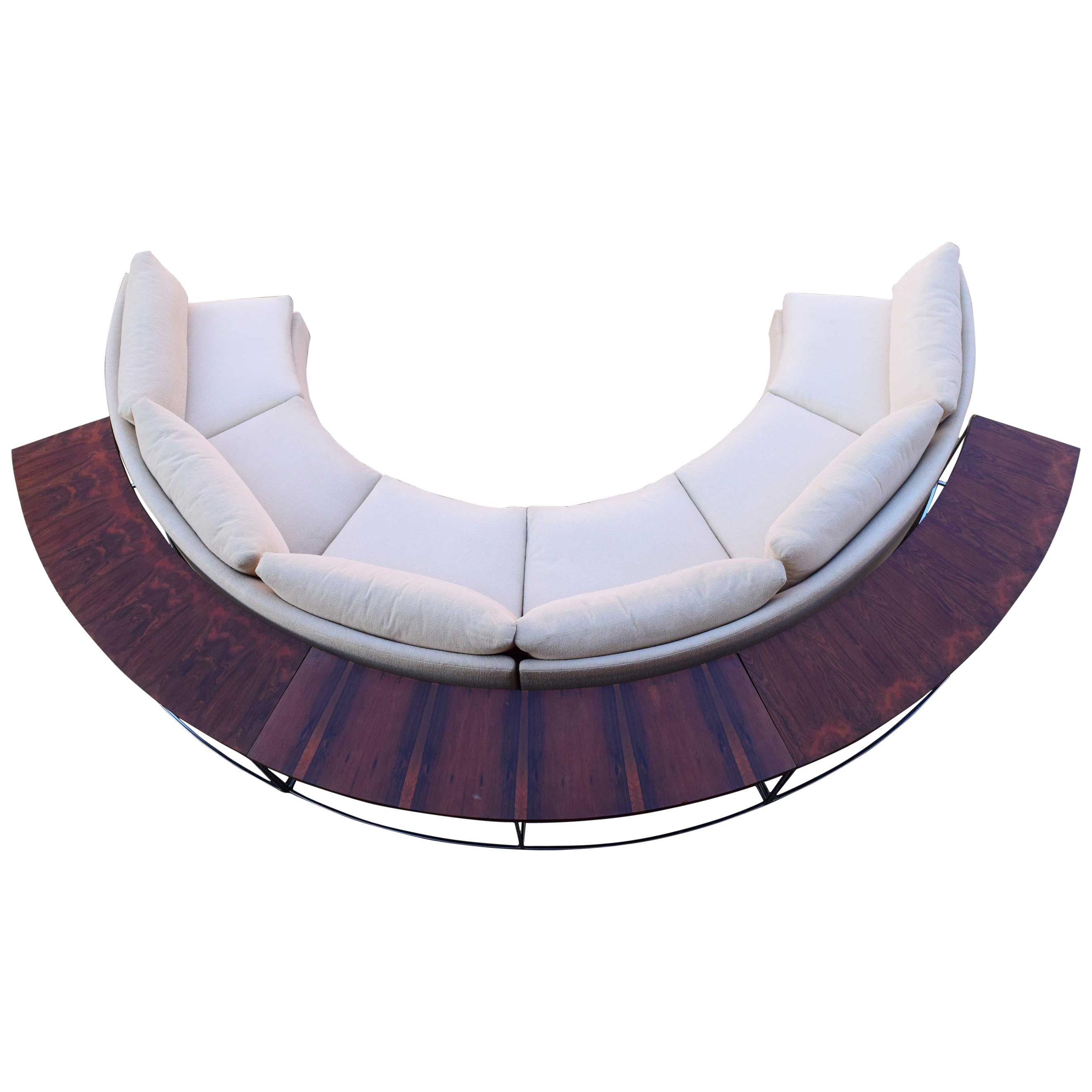 Milo Baughman Curved Sectional Sofa in Off-White with Rosewood Tables