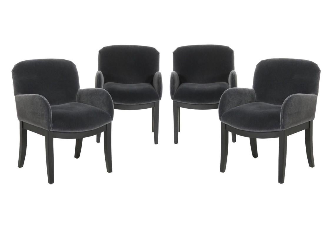 Super sleek and sexy set of eight dining arm chairs model #1277 by the iconic Mid-Century Modern designer Milo Baughman and produced by Thayer-Coggin, circa 1980s, handcrafted in High Point North Carolina. Thayer Coggin and Milo Baughman
