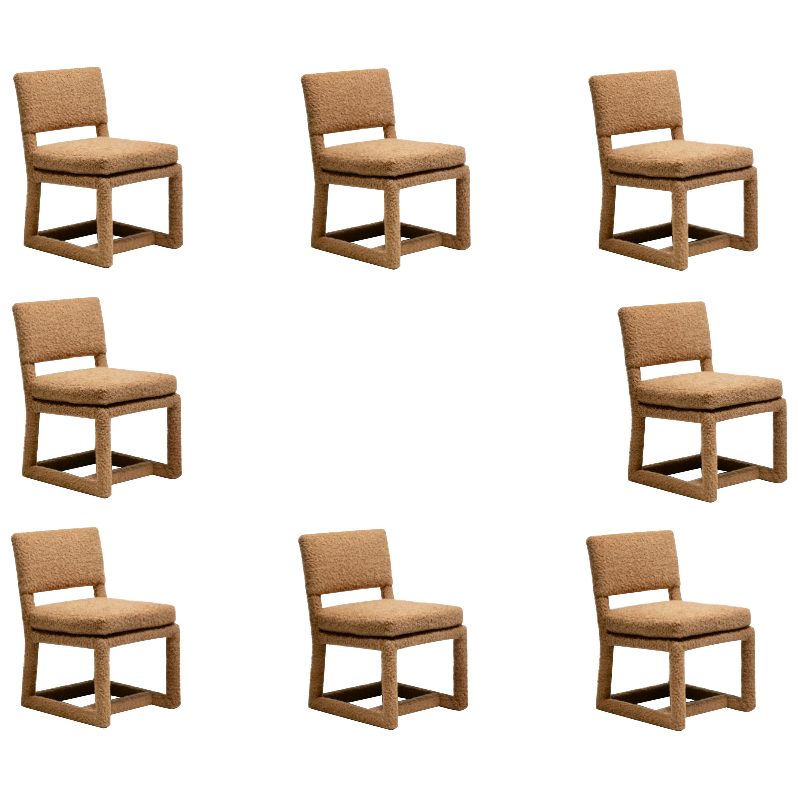 Milo Baughman Set of 8 Parsons Dining Chairs in Latte Bouclé by Thayer Coggin