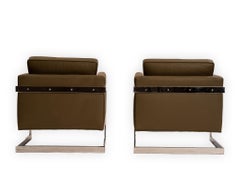 Milo Baughman Set Of Lounge Chairs In Italian Olive Green Leather