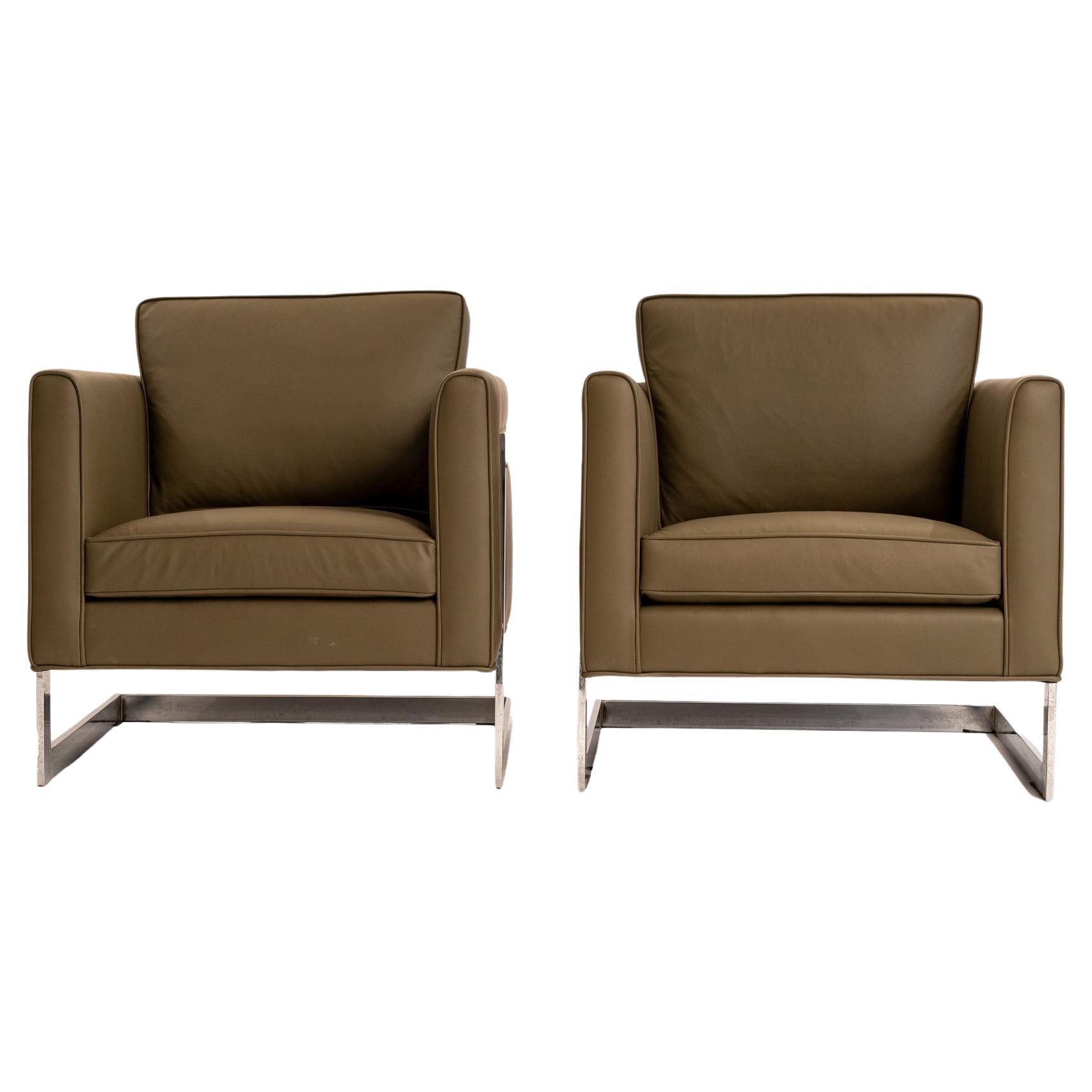 Milo Baughman Set Of Lounge Chairs In Italian Olive Green Leather