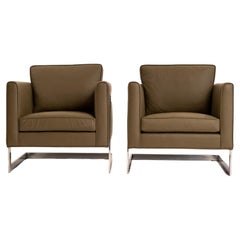 Ensemble de chaises longues en cuir vert olive italien de Milo Baughman