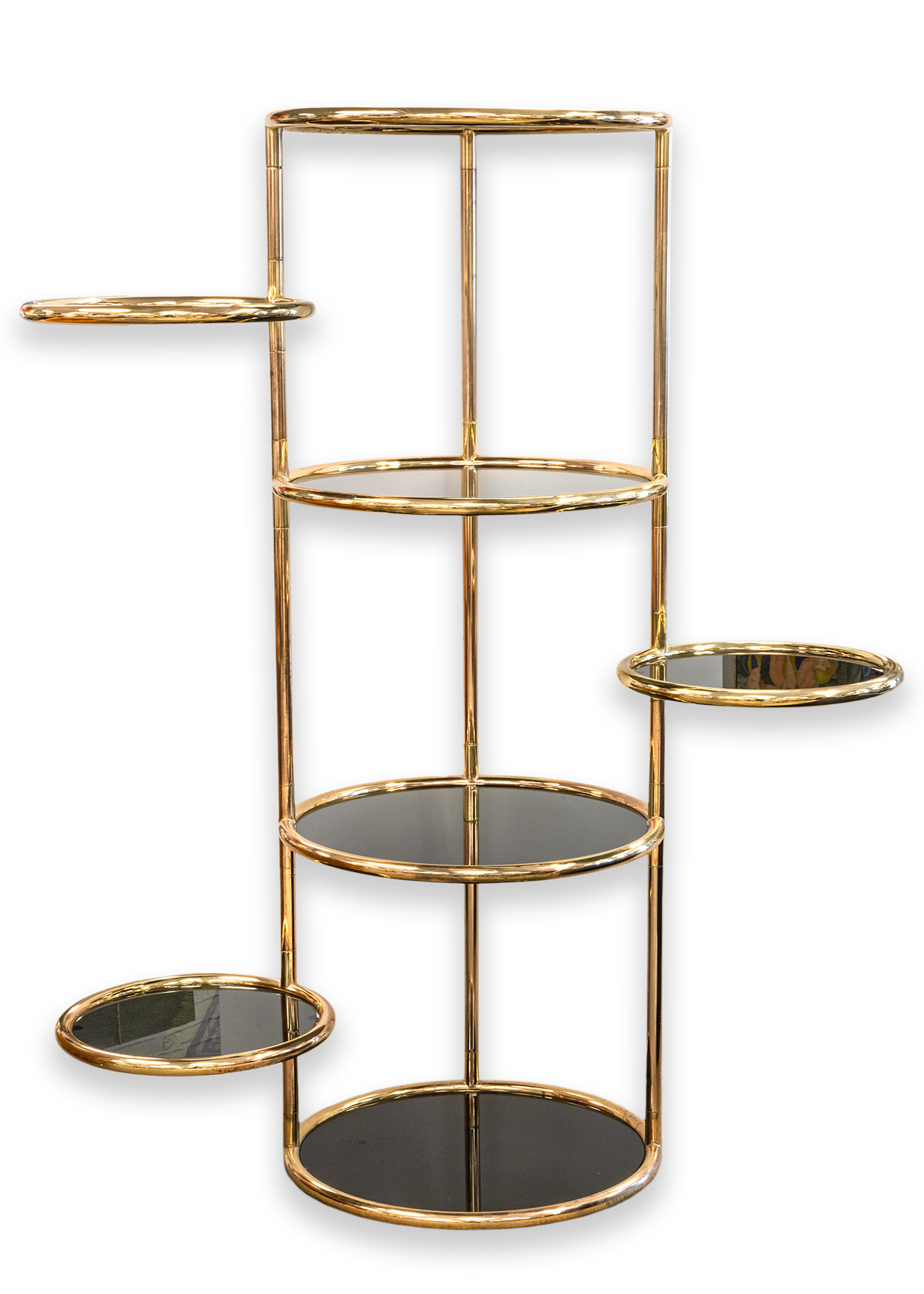 Milo Baughman Seven Tiered Round Brass and Smoked Glass Swivel Etagere Shelving 3