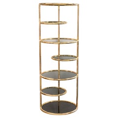 Milo Baughman Seven Tiered Round Brass and Smoked Glass Swivel Etagere Shelving