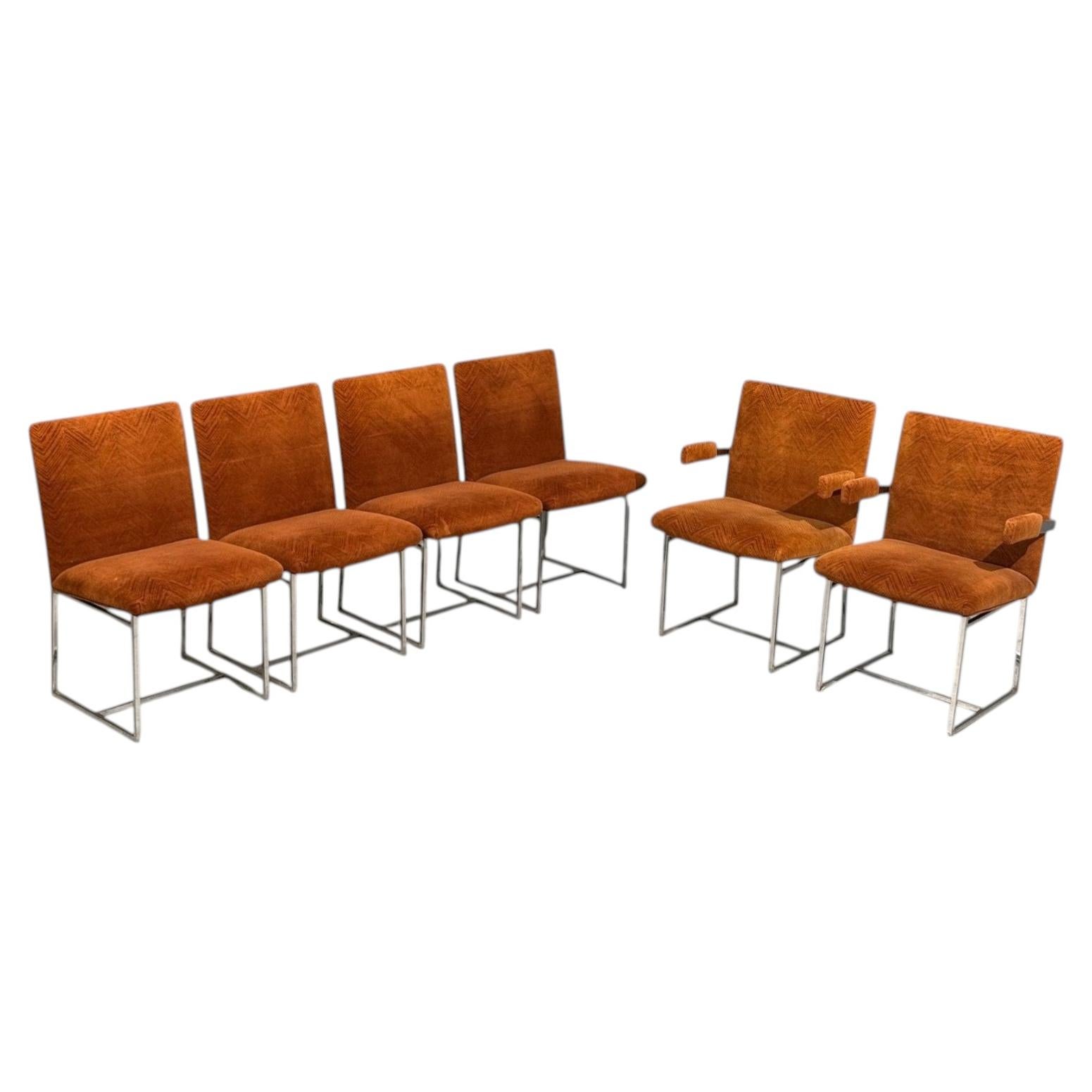 Milo Baughman, Six Dining Chairs, Chrome, Fabric, USA, 1970s