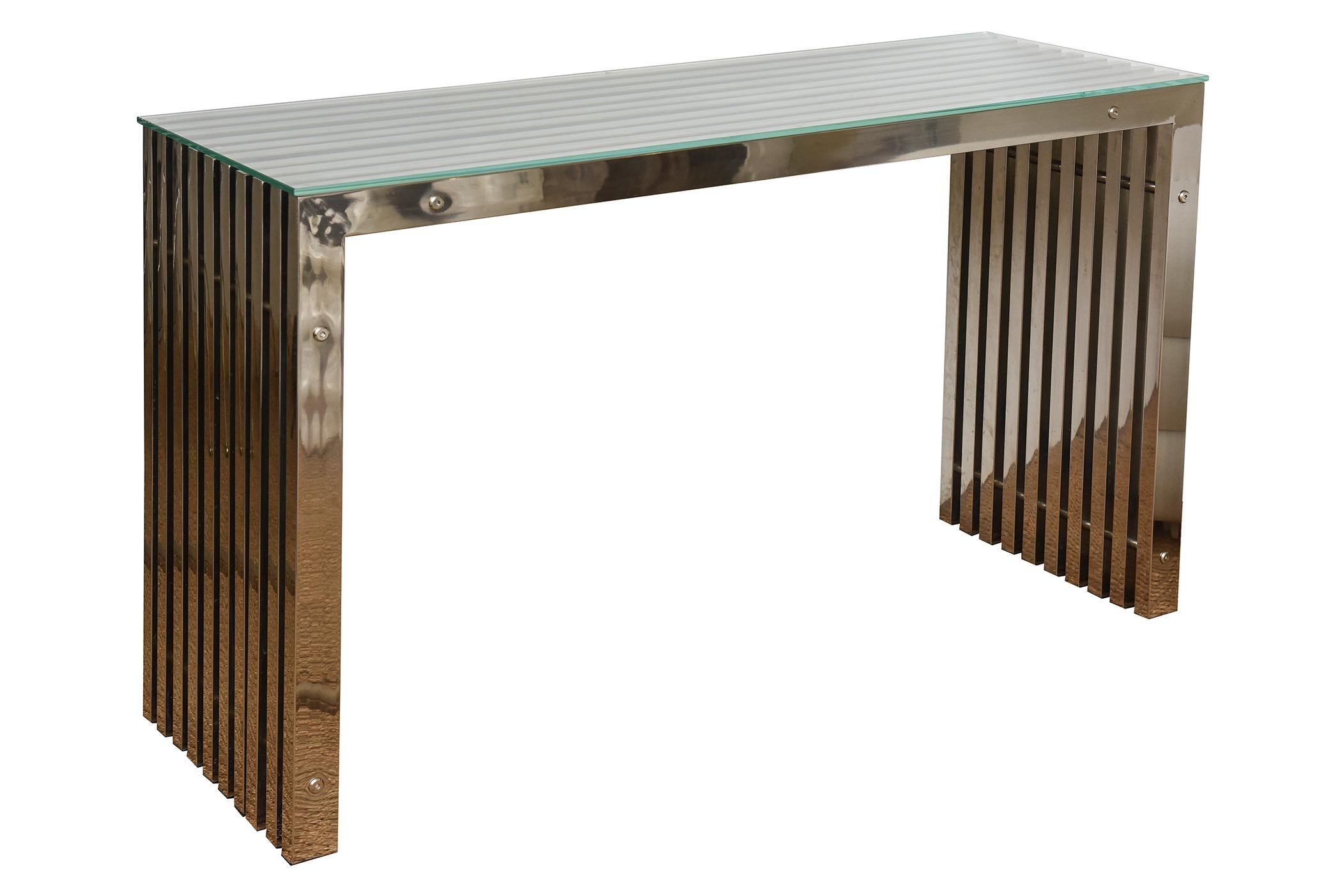 Table console ou table de canapé vintage en acier inoxydable à ardoise de style Milo Baughman  en vente 3