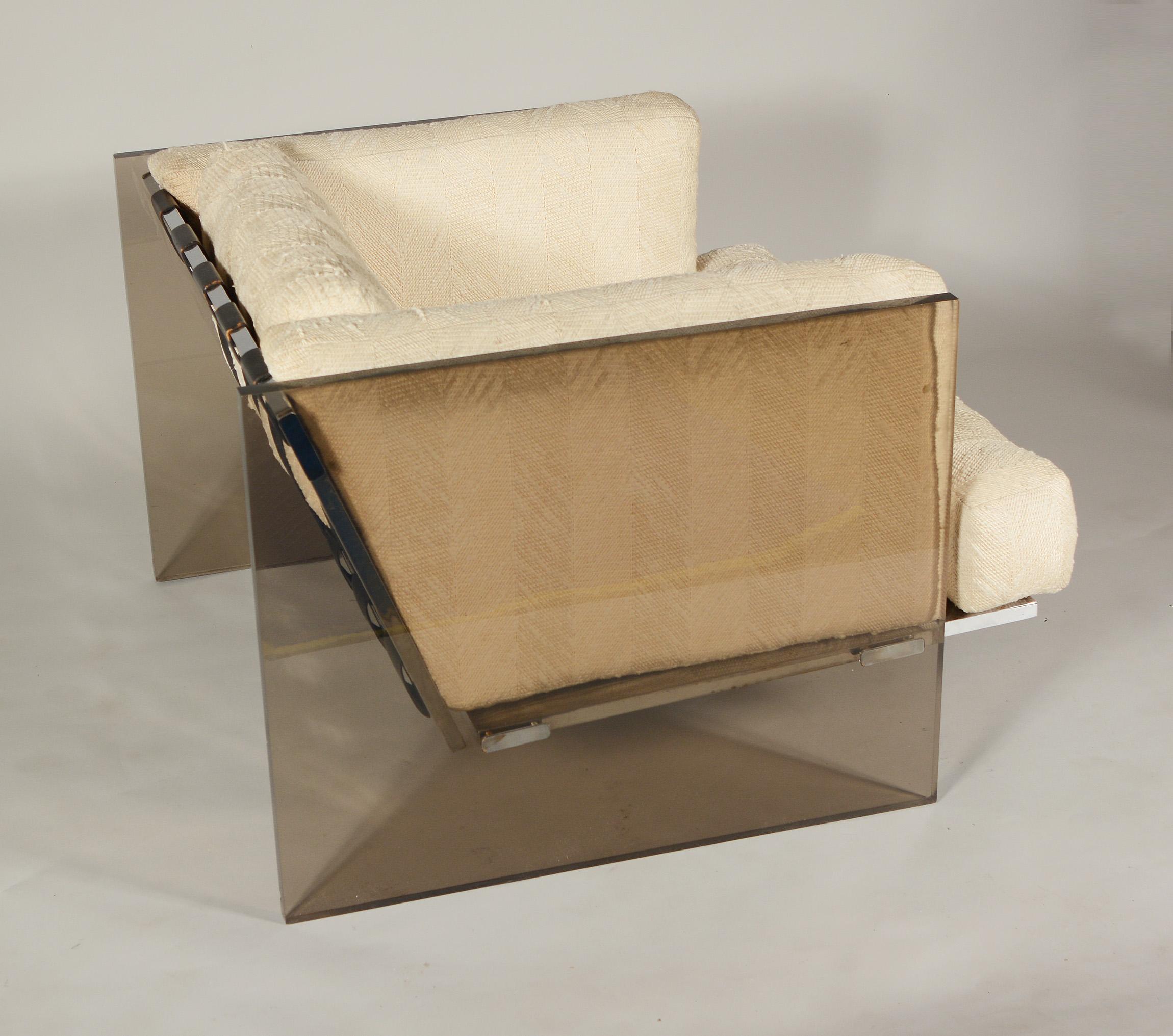 Leather Milo Baughman Smoked Lucite and Chrome Lounge Chair