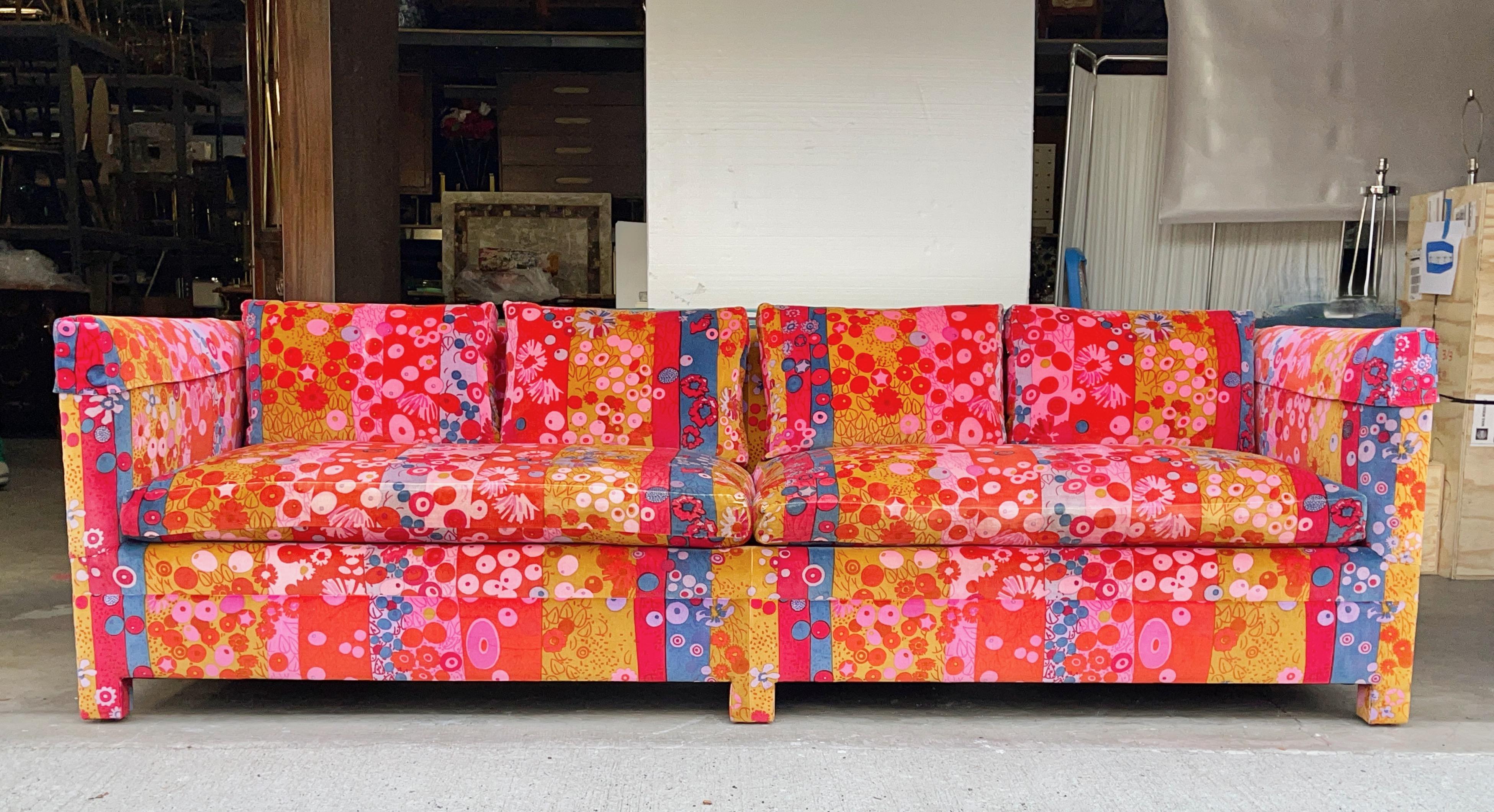 Mid-Century Modern Milo Baughman Sofa in Primavera Velvet by Jack Lenor Larsen For Sale