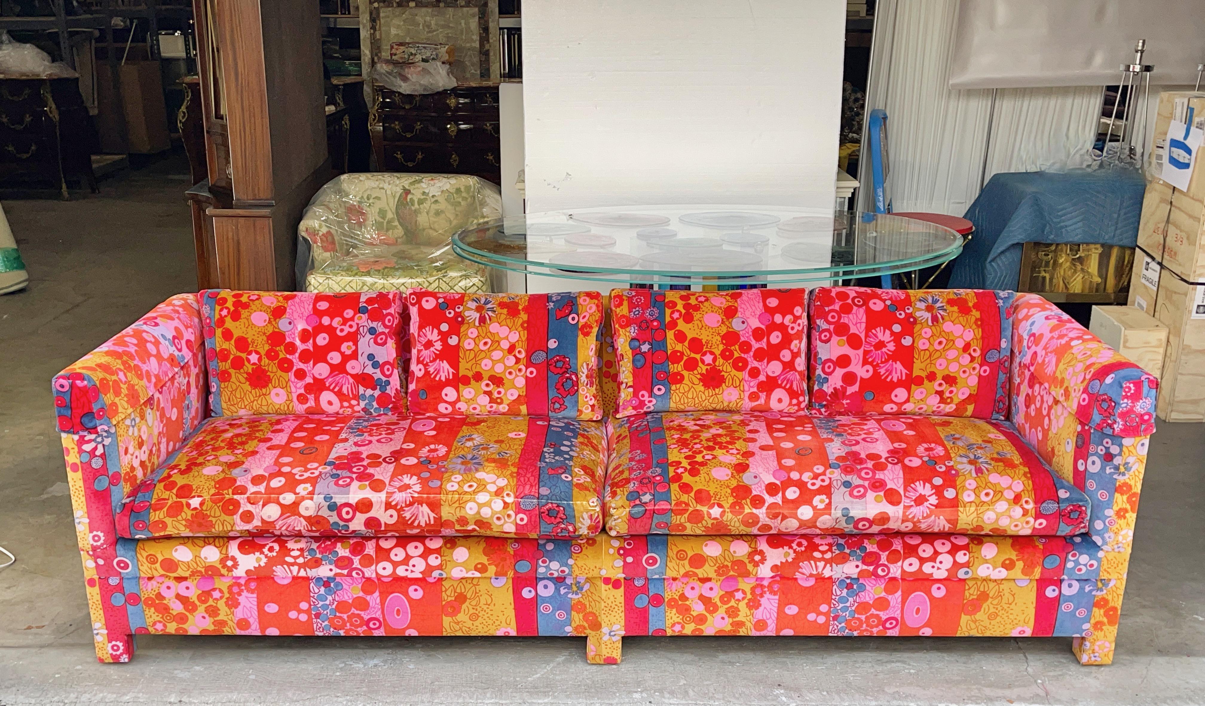 American Milo Baughman Sofa in Primavera Velvet by Jack Lenor Larsen For Sale