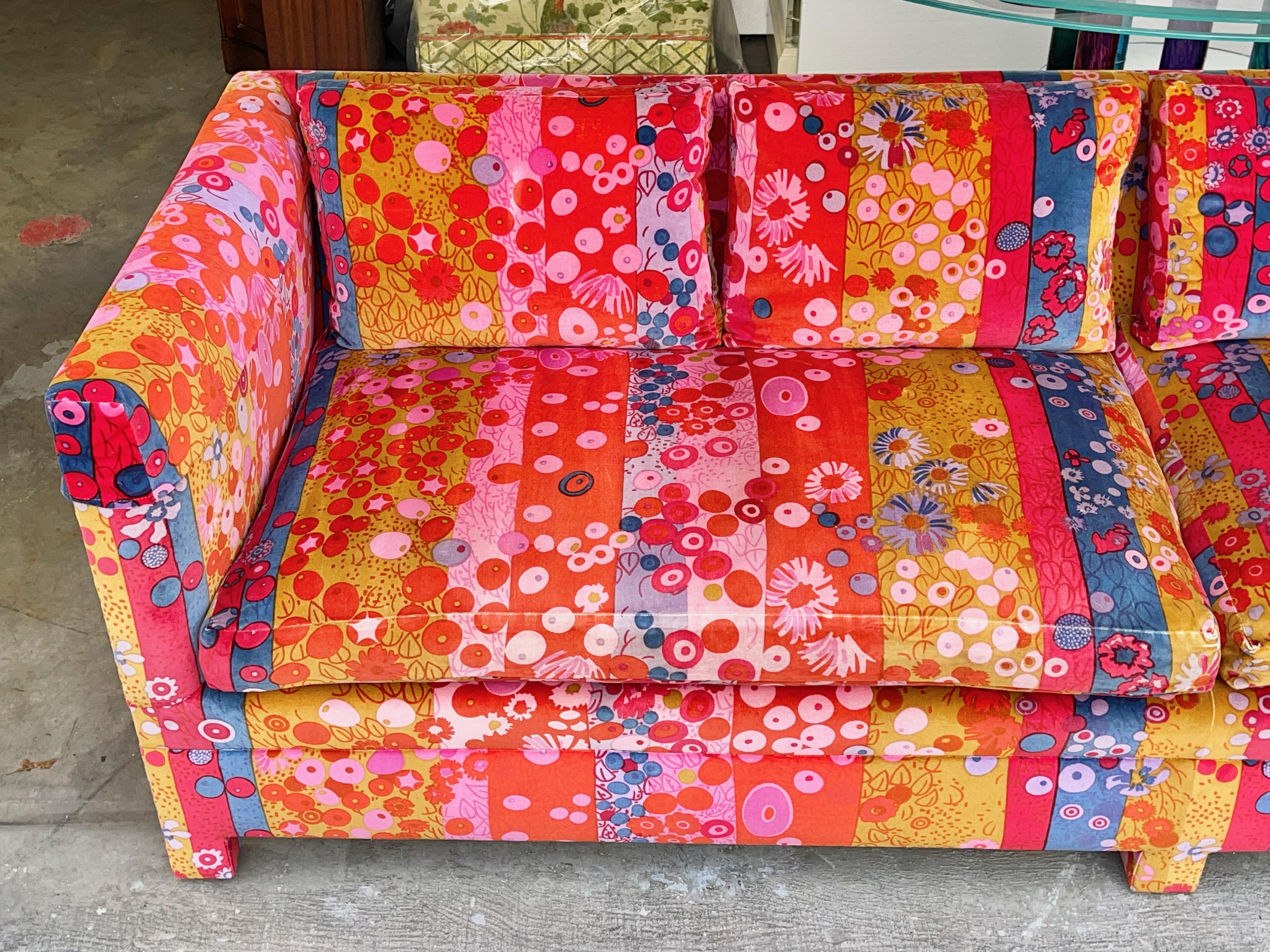 Late 20th Century Milo Baughman Sofa in Primavera Velvet by Jack Lenor Larsen For Sale