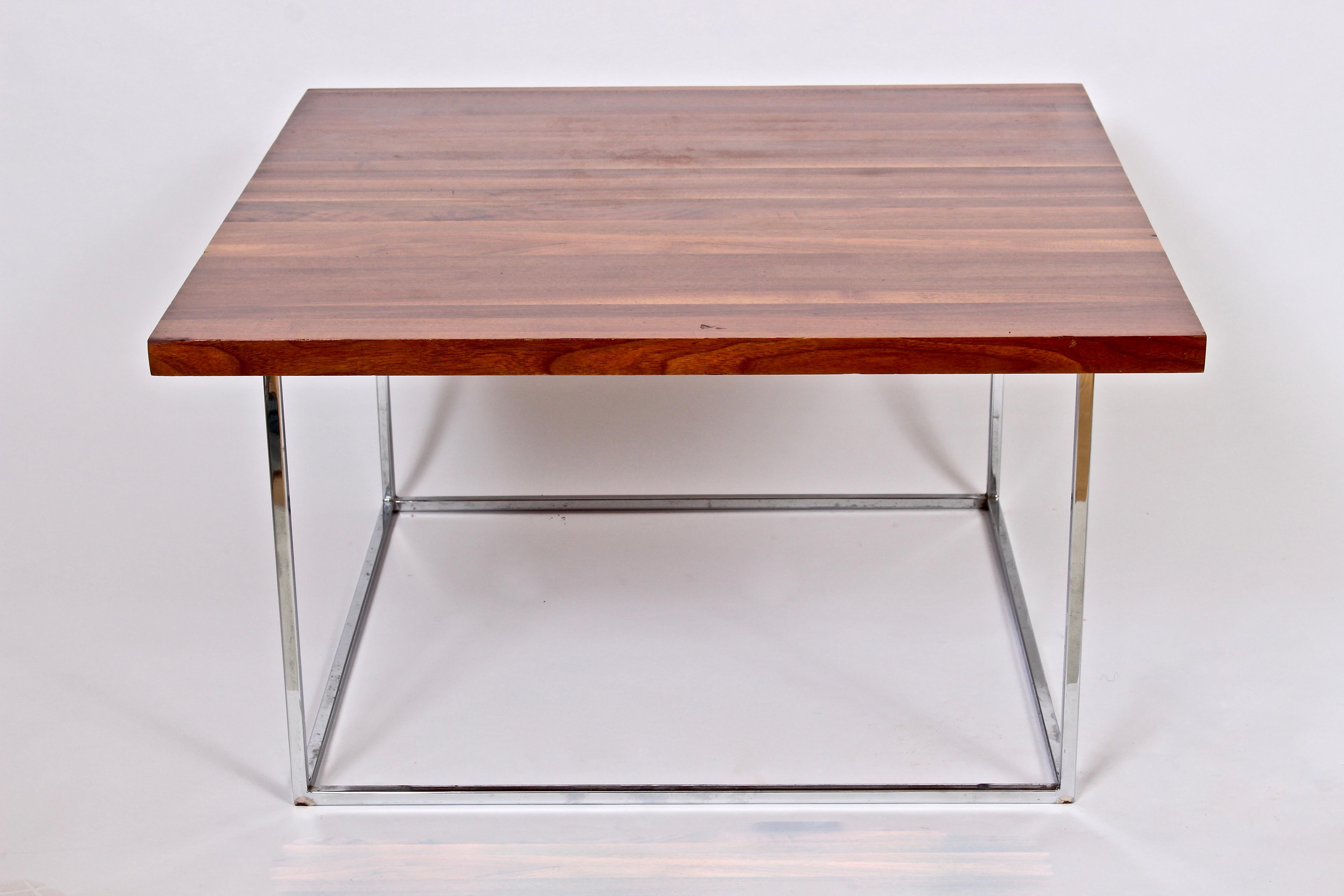 Modern Milo Baughman Solid Black Walnut and Chrome Square Coffee Table, circa 1970 For Sale