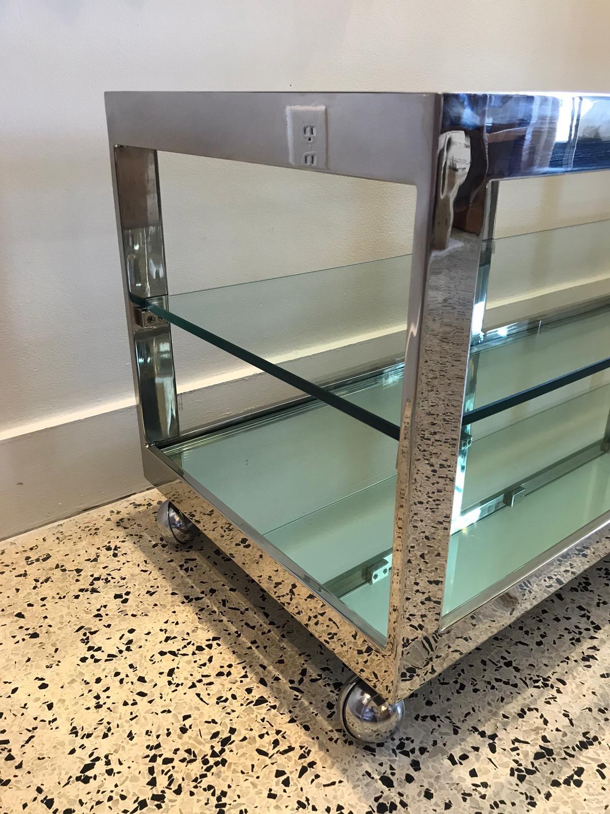 Milo Baughman Vintage Stainless Steel Low Console Shelf on Casters For Sale 5