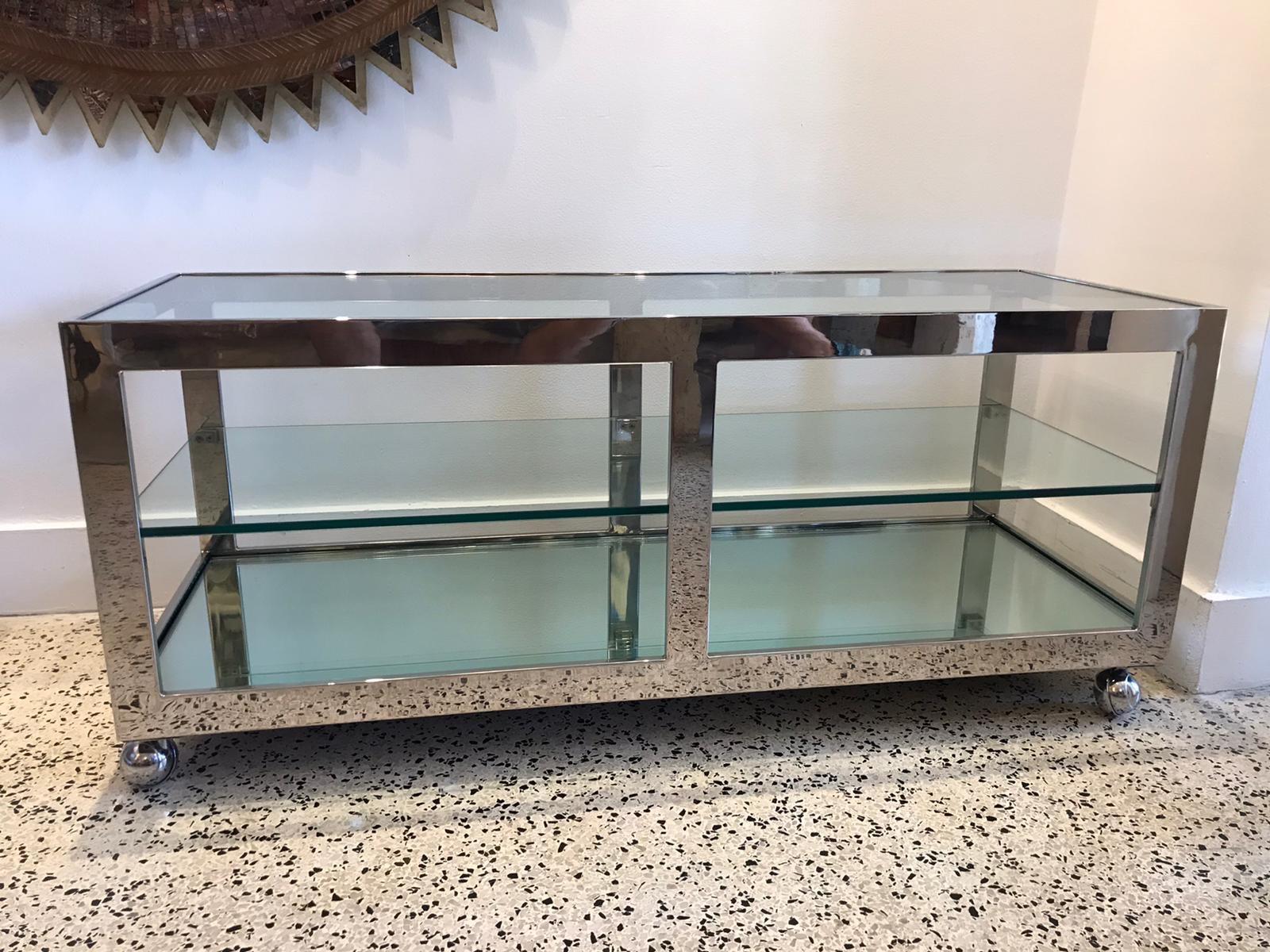 Milo Baughman Vintage Stainless Steel Low Console Shelf on Casters For Sale 8