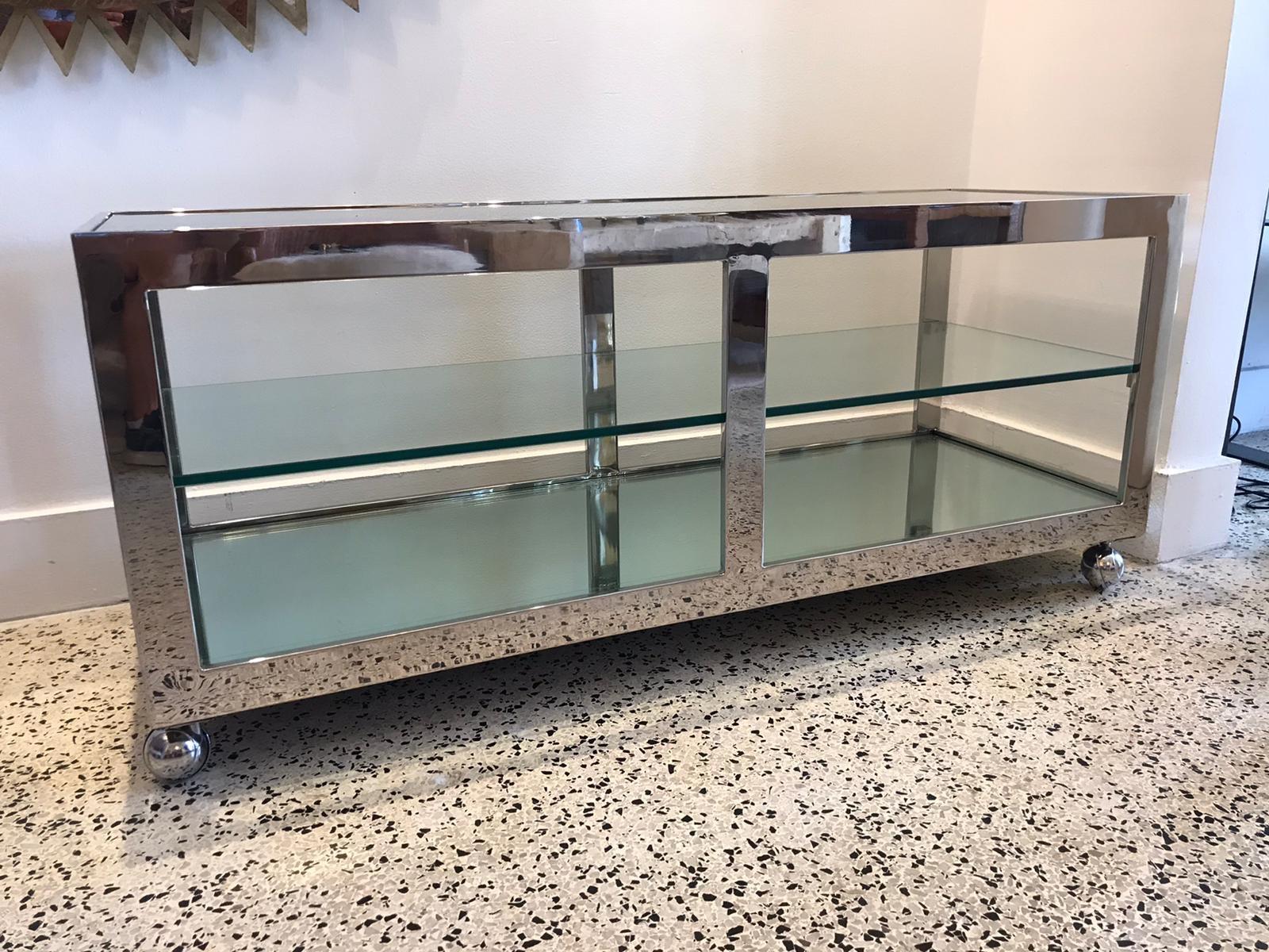 Milo Baughman Vintage Stainless Steel Low Console Shelf on Casters For Sale 1