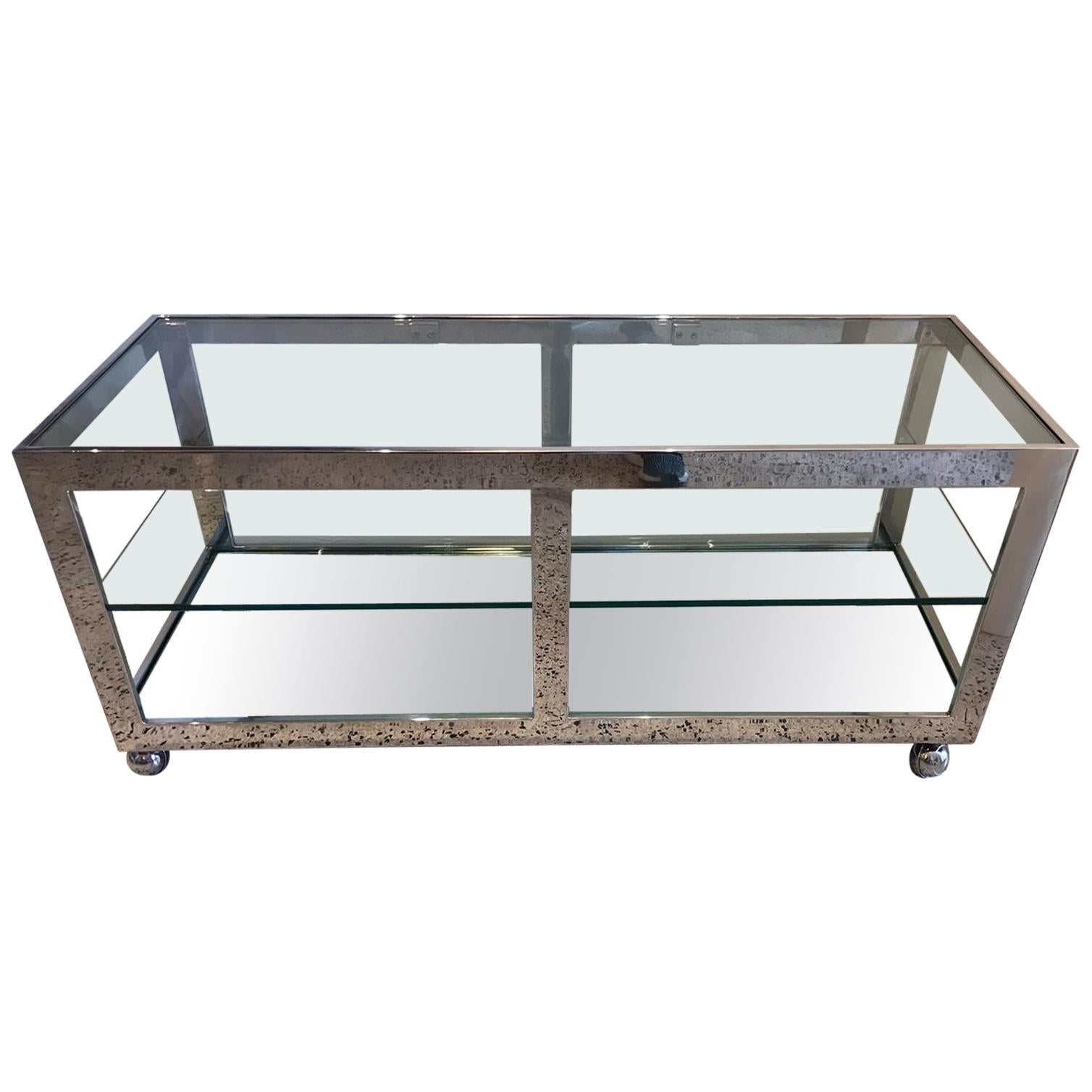 Milo Baughman Vintage Stainless Steel Low Console Shelf on Casters For Sale