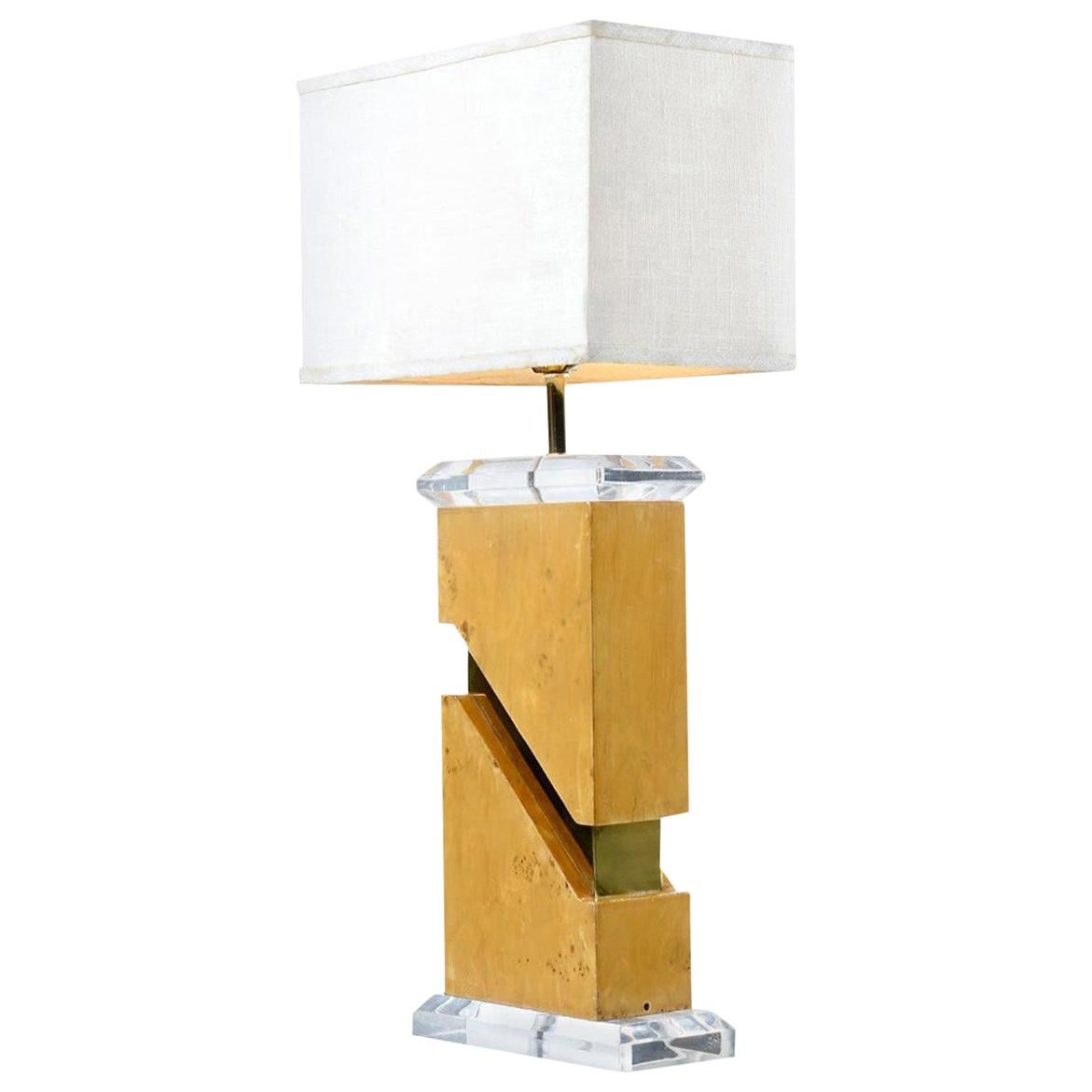 Milo Baughman Style 1970s Burl Table Lamp with Lucite and Gold Accents