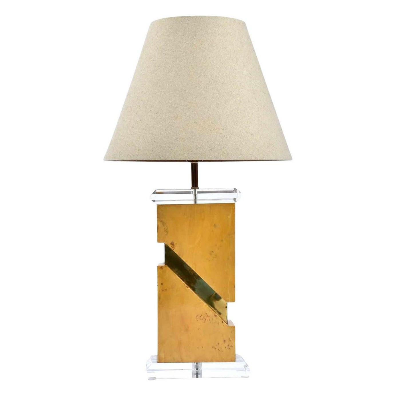 Milo Baughman Style 1970s Burl Table Lamp with Lucite and Gold Accents