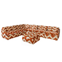 Milo Baughman Style 7-Piece Pit Group Orange Velour Chevron 1970s Modular Sofa