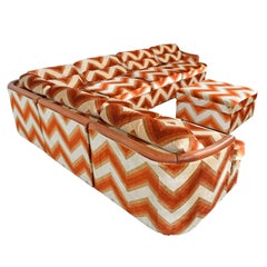 Milo Baughman Style 7-Piece Pit Group Orange Velour Chevron 1970s Modular Sofa