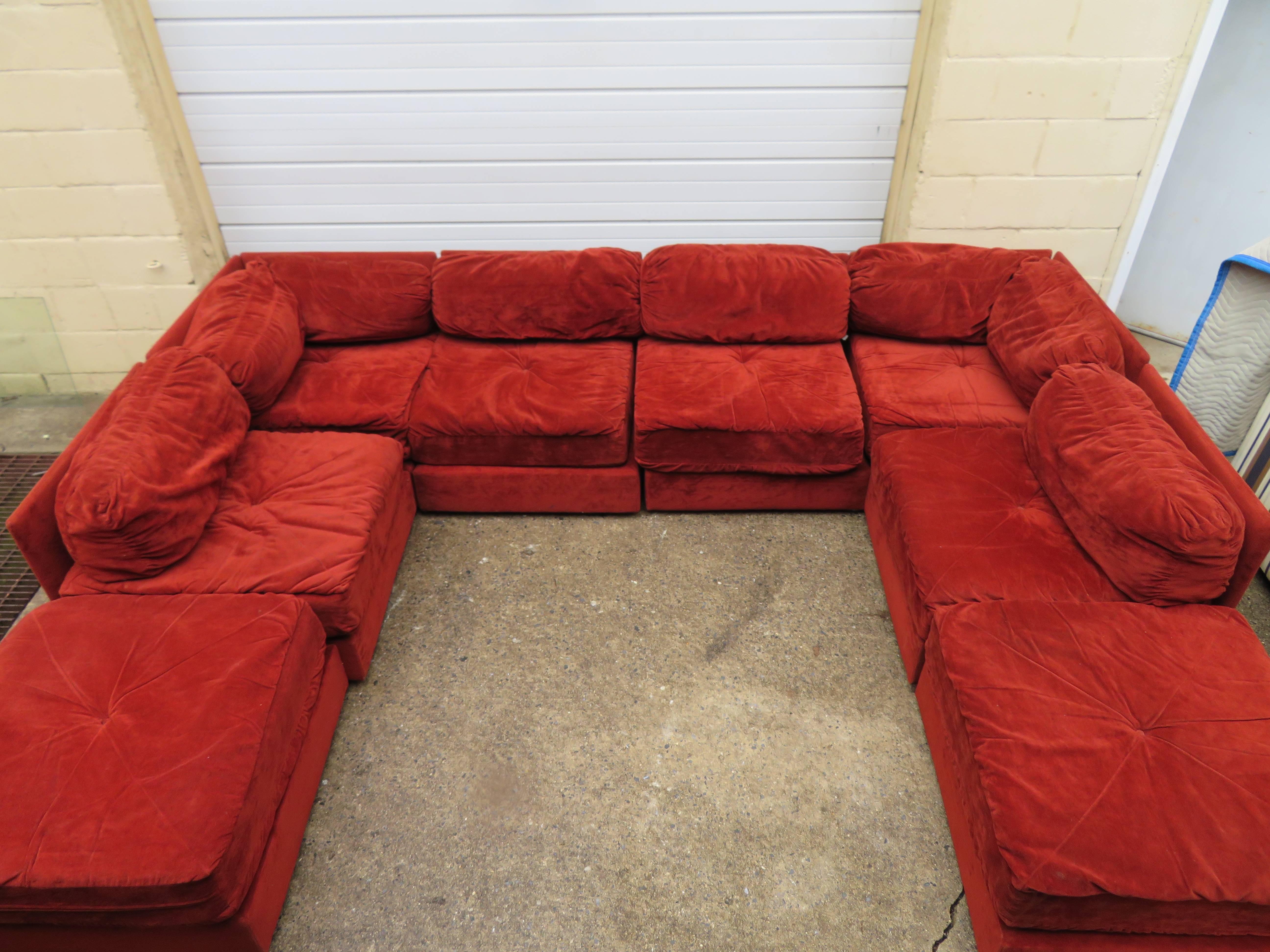 Milo Baughman Style Eight-Piece Sectional Sofa Ottoman, Mid-Century Modern 1