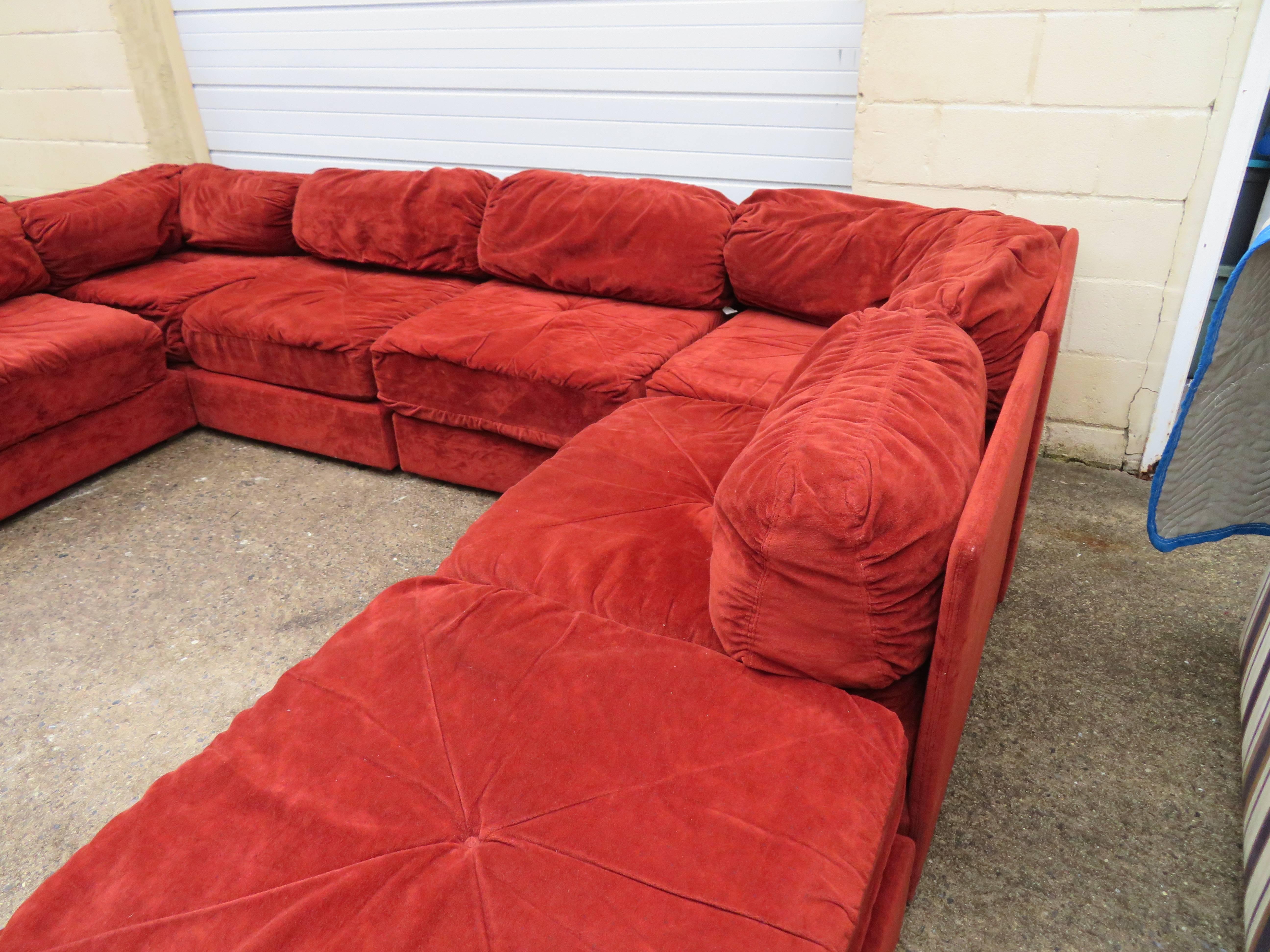 American Milo Baughman Style Eight-Piece Sectional Sofa Ottoman, Mid-Century Modern
