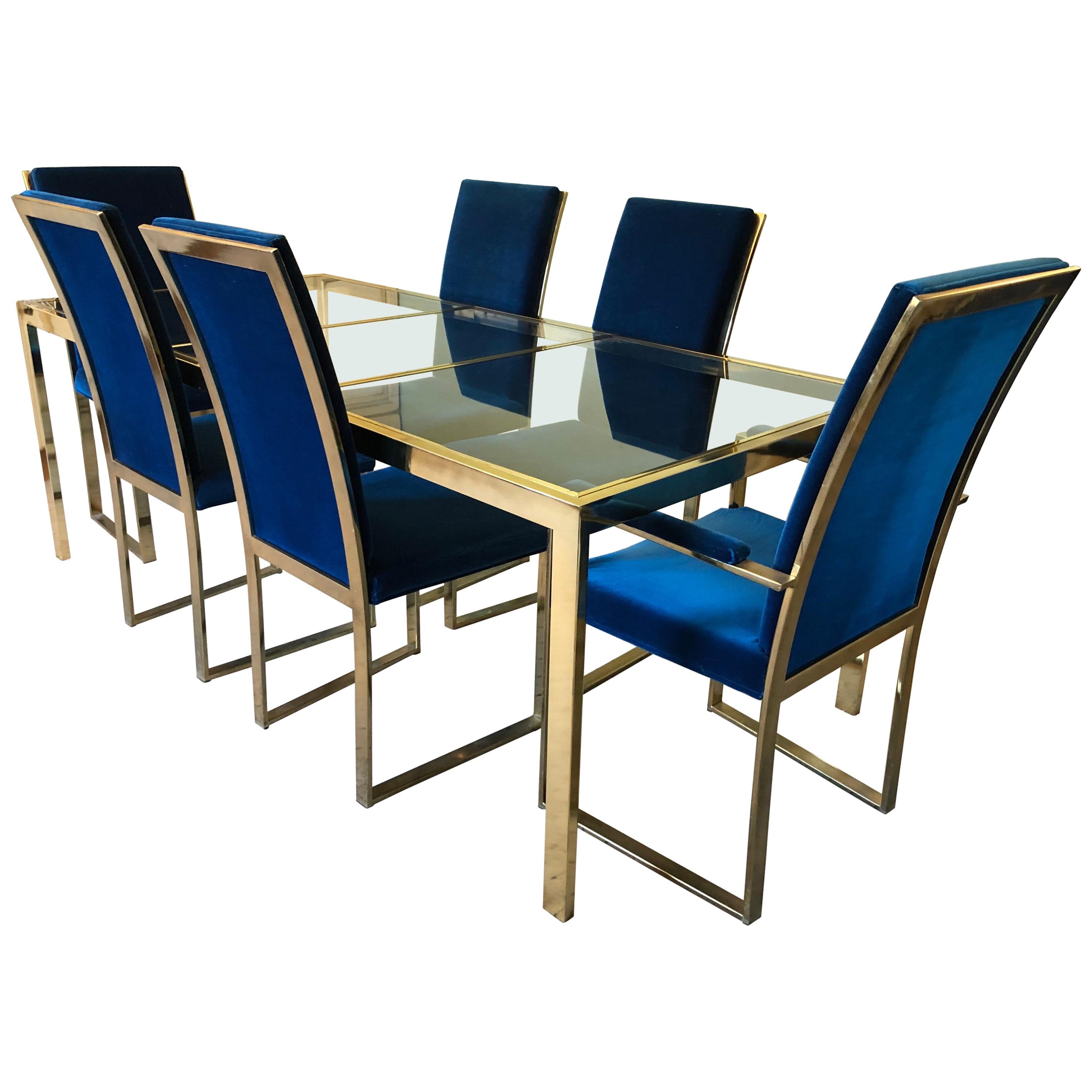 Milo Baughman Style Adjustable Brass Dining Table Set
