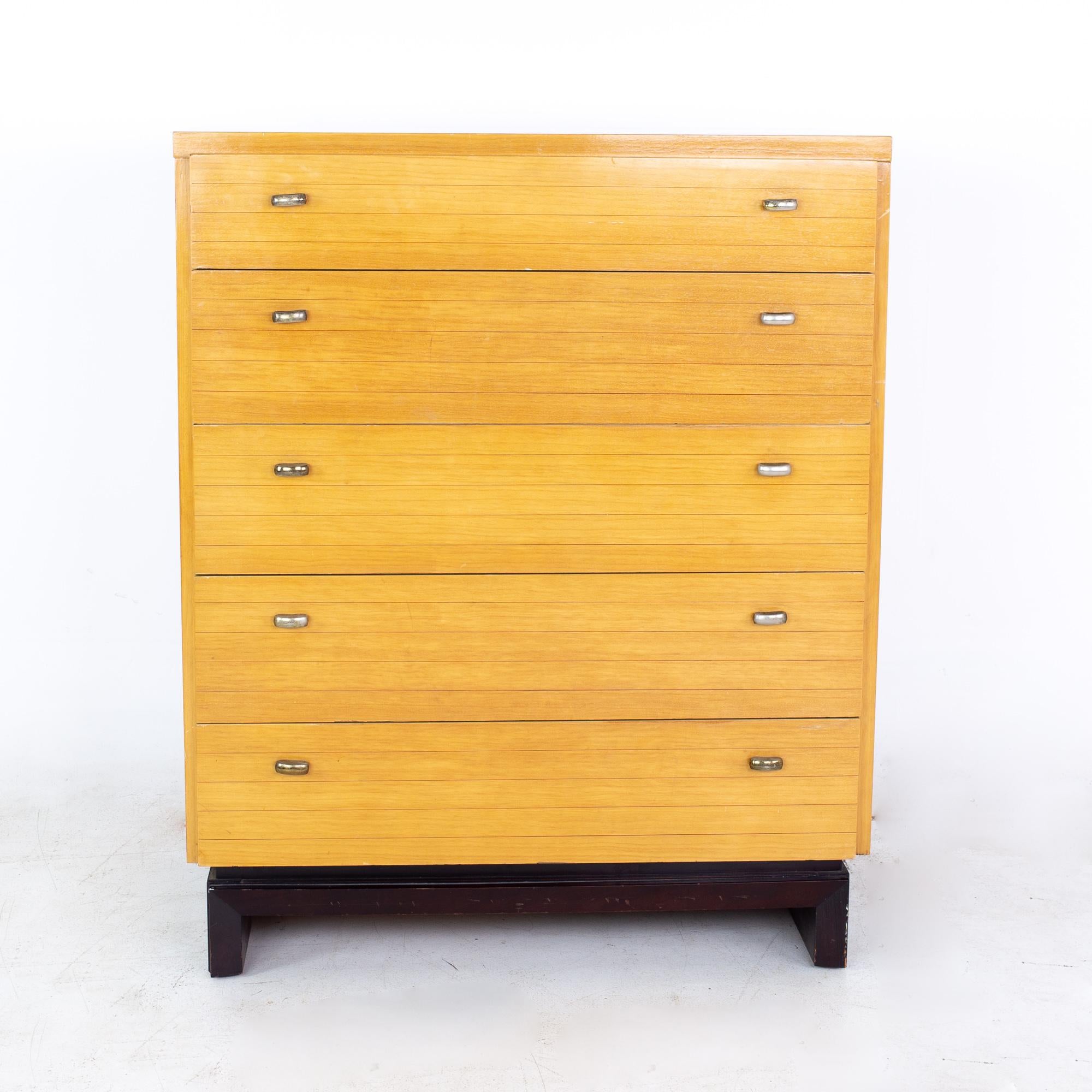 Milo Baughman style American of Martinsville mid century blonde highboy dresser
Dresser measures: 36 wide x 20.5 deep x 44 inches high

All pieces of furniture can be had in what we call restored vintage condition. That means the piece is