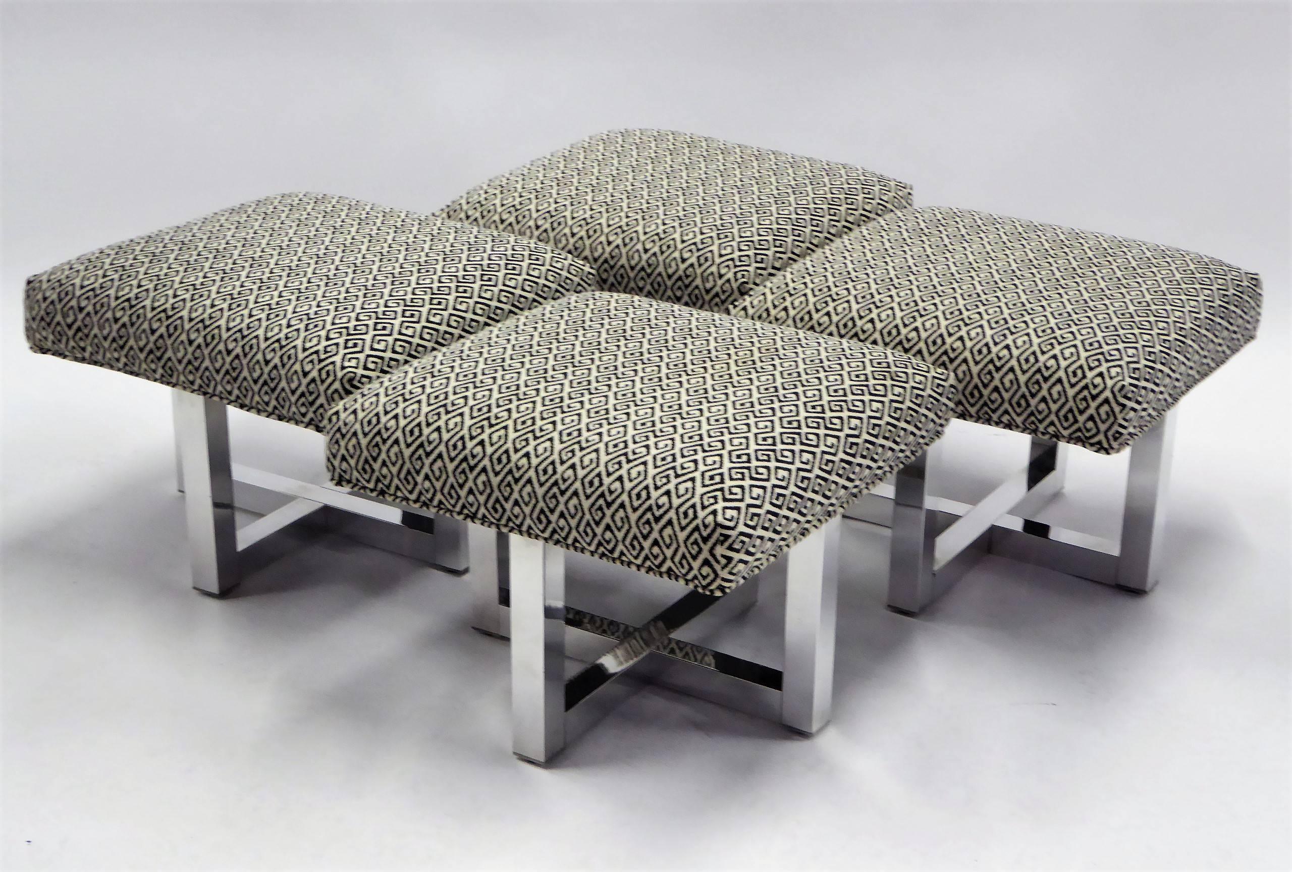 Milo Baughman Style Bench Stools Polished Aluminum Upholstered 2 pairs available In Excellent Condition In Miami, FL