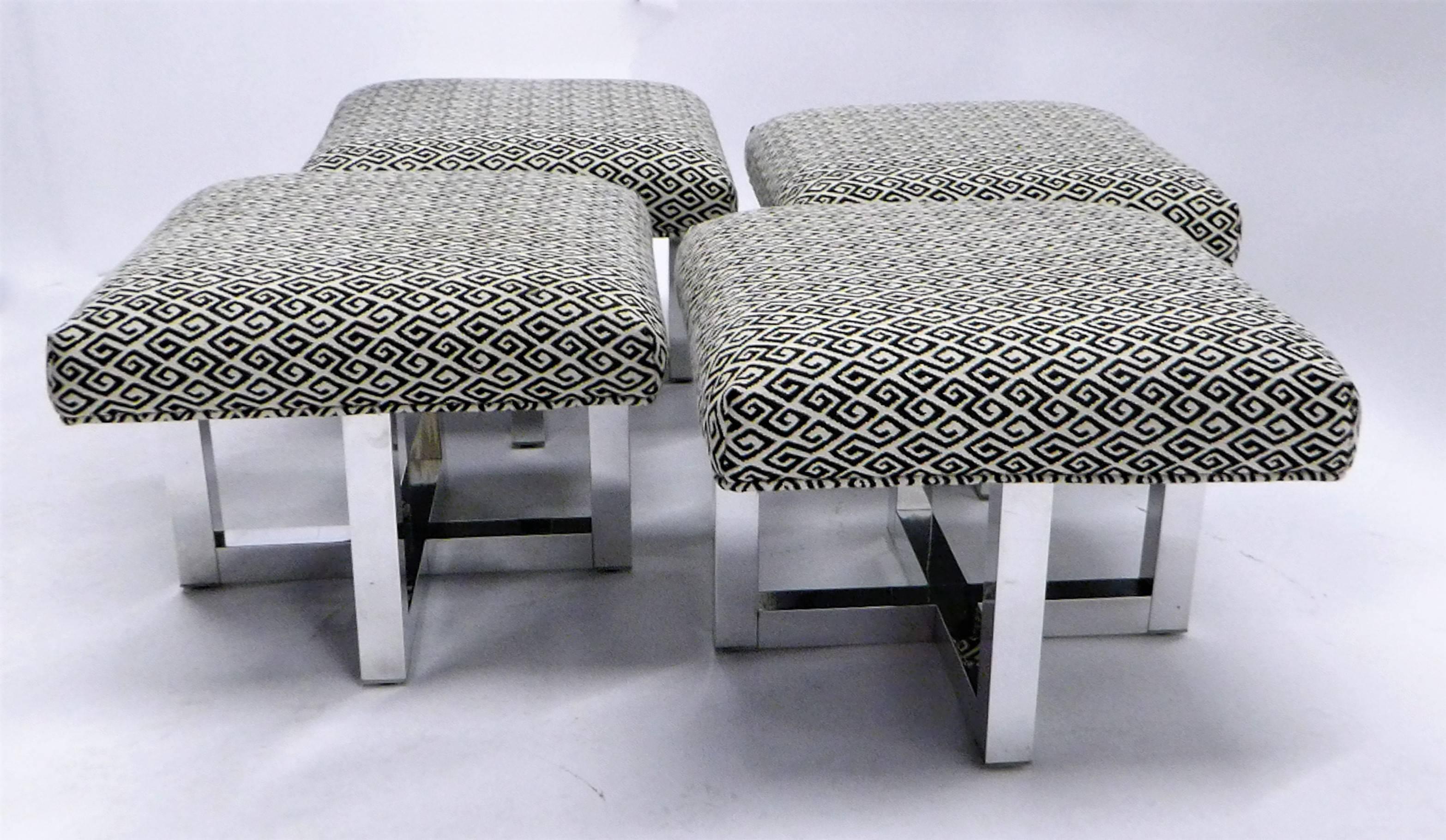 Mid-20th Century Milo Baughman Style Bench Stools Polished Aluminum Upholstered 2 pairs available