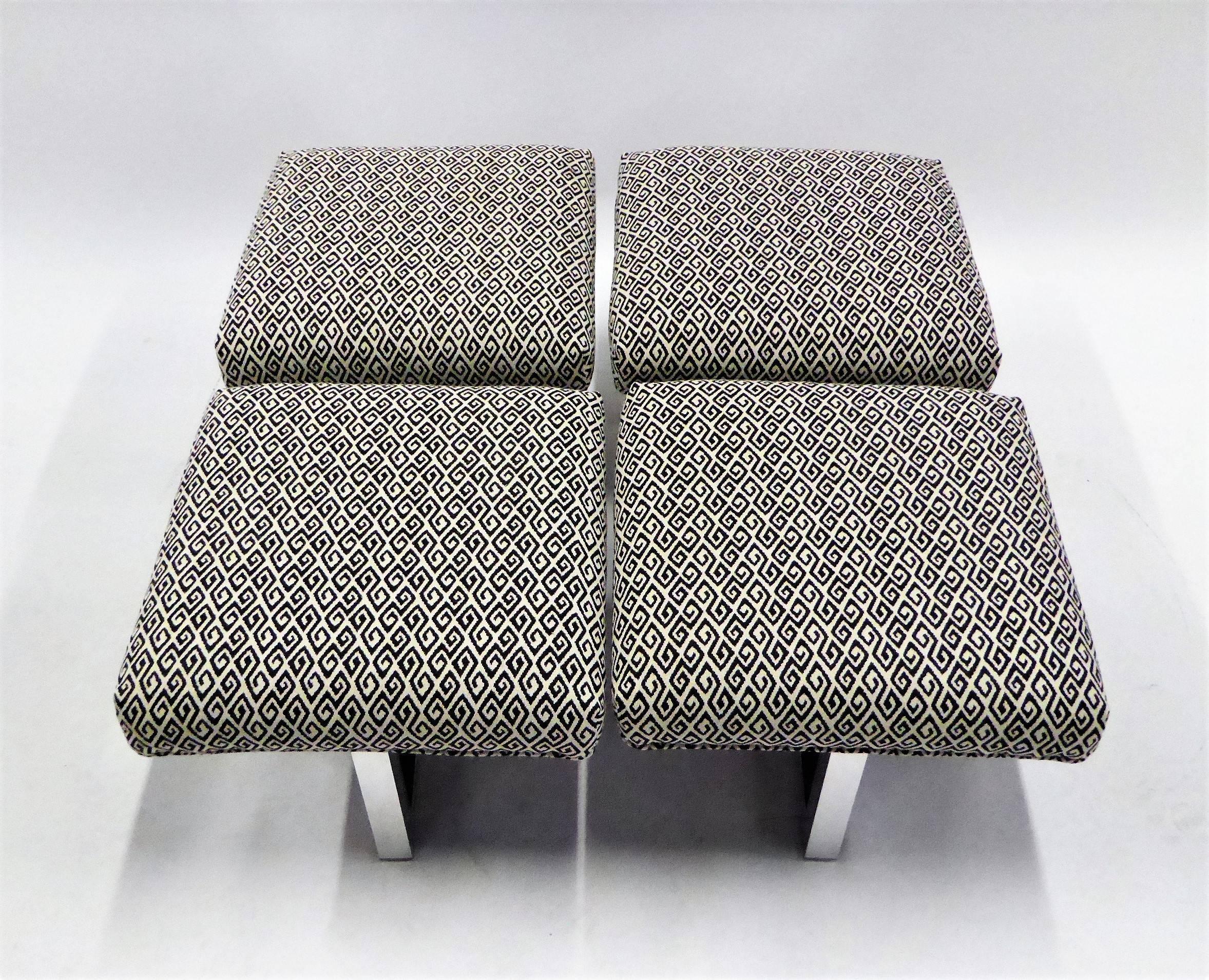 Milo Baughman Style Bench Stools Polished Aluminum Upholstered 2 pairs available 1