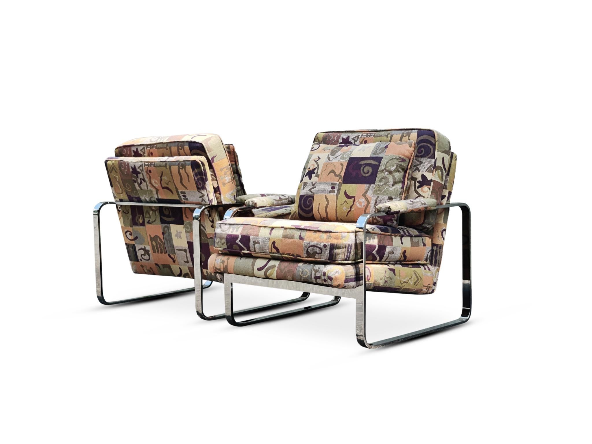 Mid-Century Modern Milo Baughman Style Bernhardt Vintage Lounge Club Chairs Pair Chrome Upholstery For Sale
