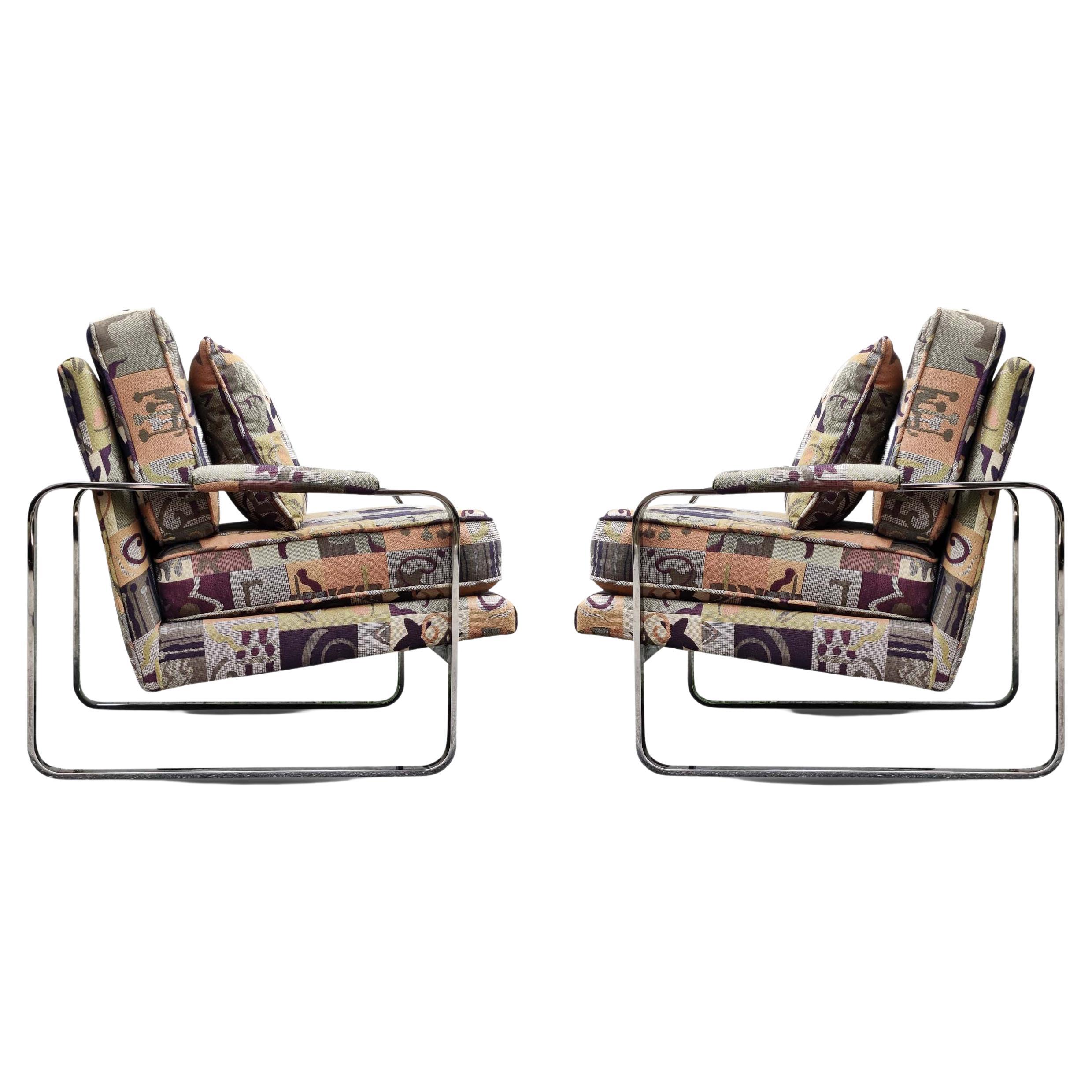 Milo Baughman Style Bernhardt Vintage Lounge Club Chairs Pair Chrome Upholstery