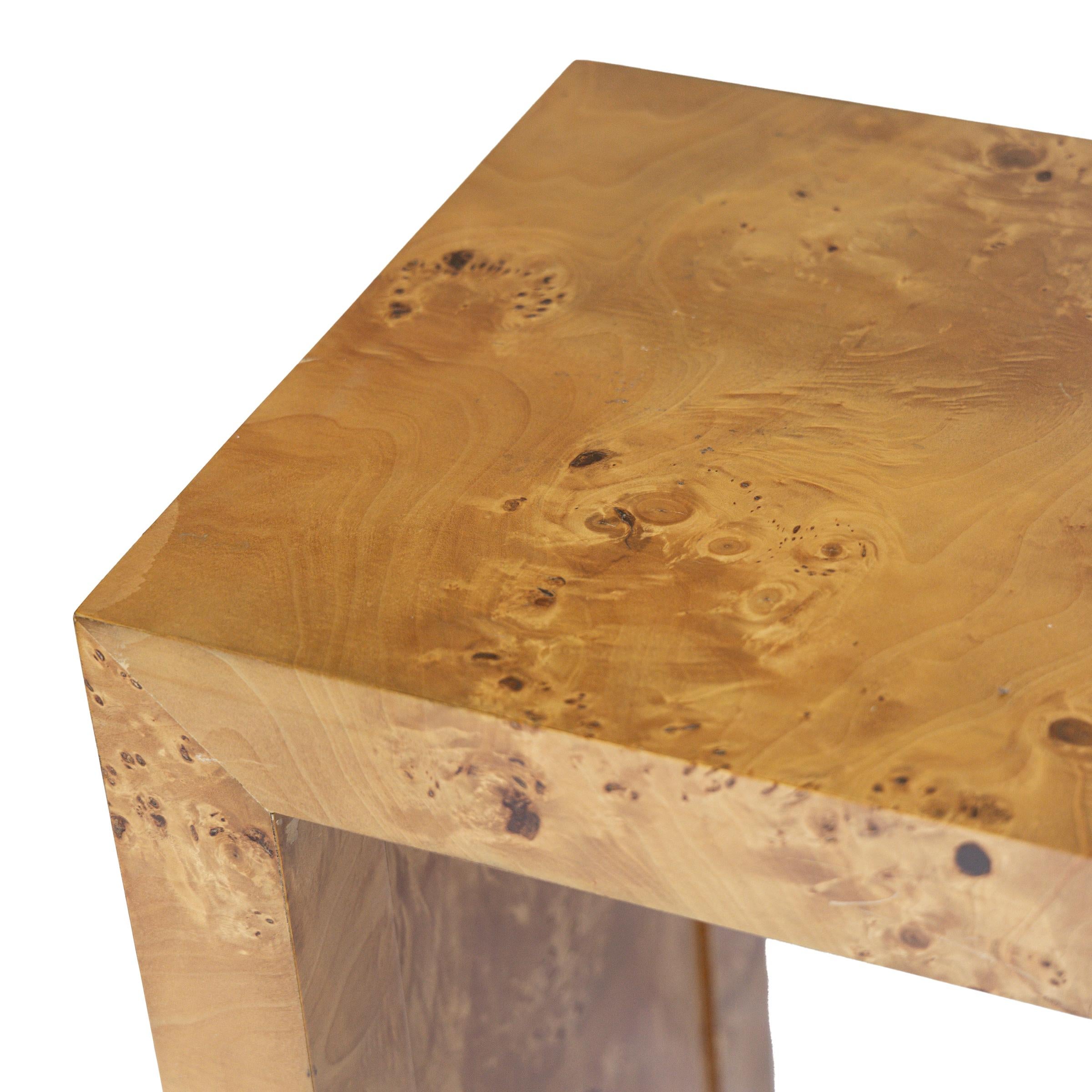 Vintage burl olive wood sofa table in the style of Milo Baughman, a classic look from the era. It is a versatile piece to compliment any mid-century or postmodern decor. Wear is consistent with age and use with light repars at corners.  
Wear