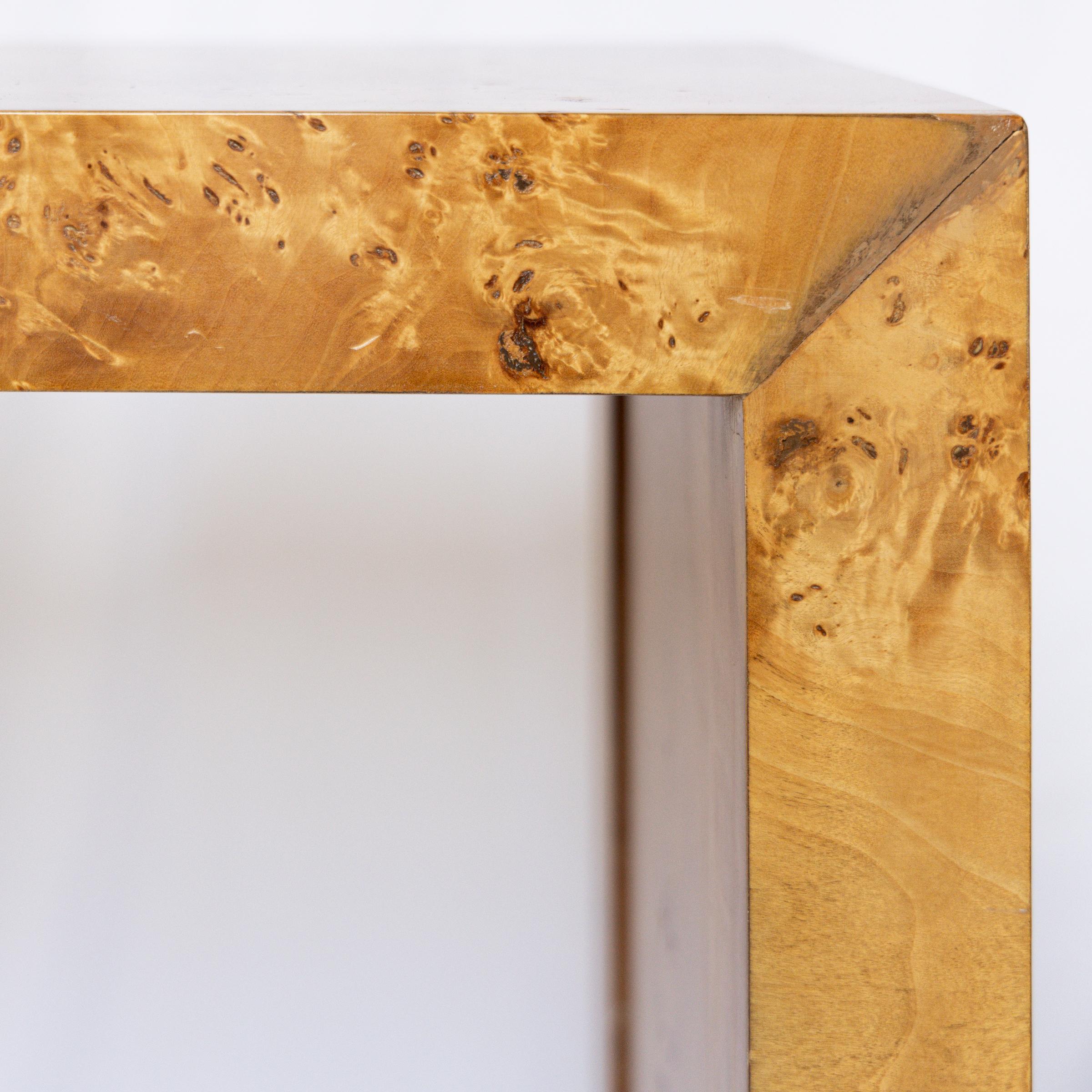 Mid-Century Modern Milo Baughman Style Book Matched Burled Olivewood Sofa Table Console For Sale