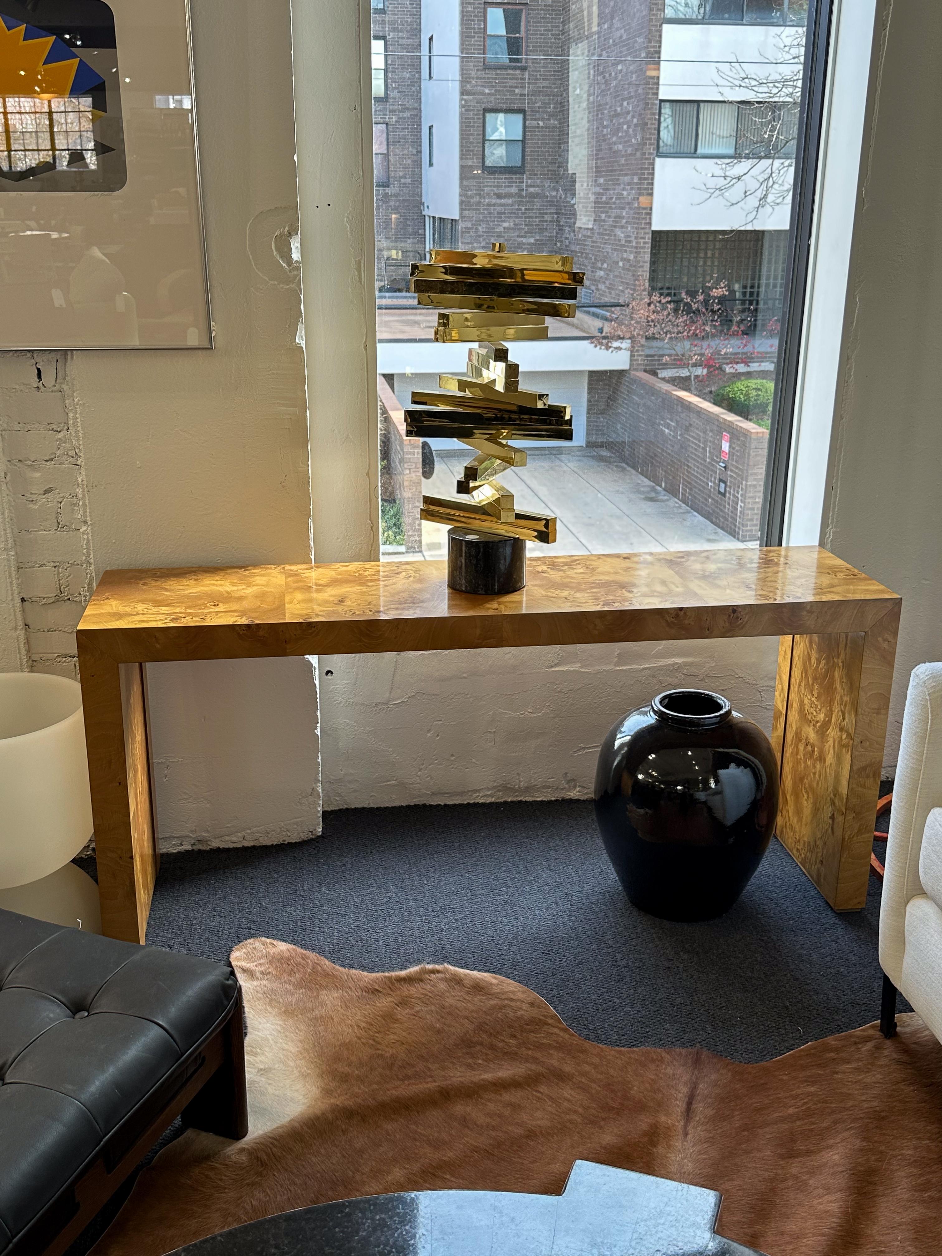 American Milo Baughman Style Book Matched Burled Olivewood Sofa Table Console For Sale