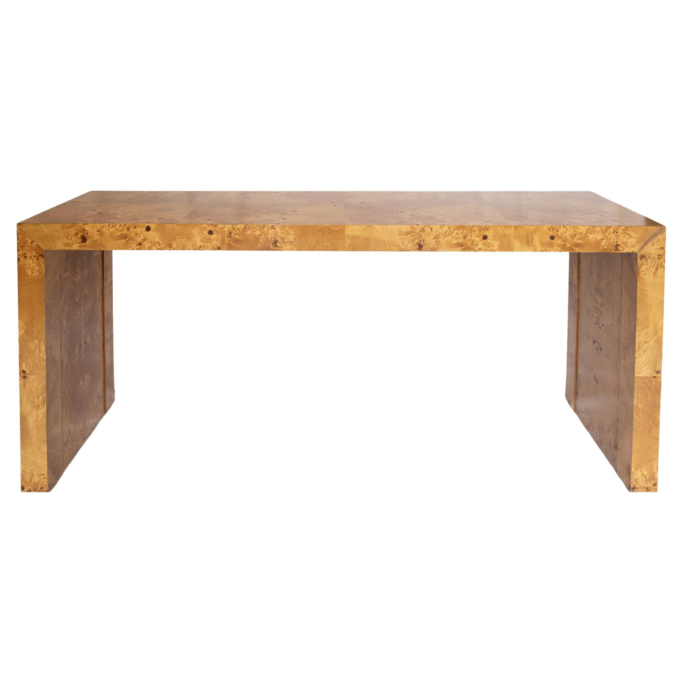Milo Baughman Style Book Matched Burled Olivewood Sofa Table Console