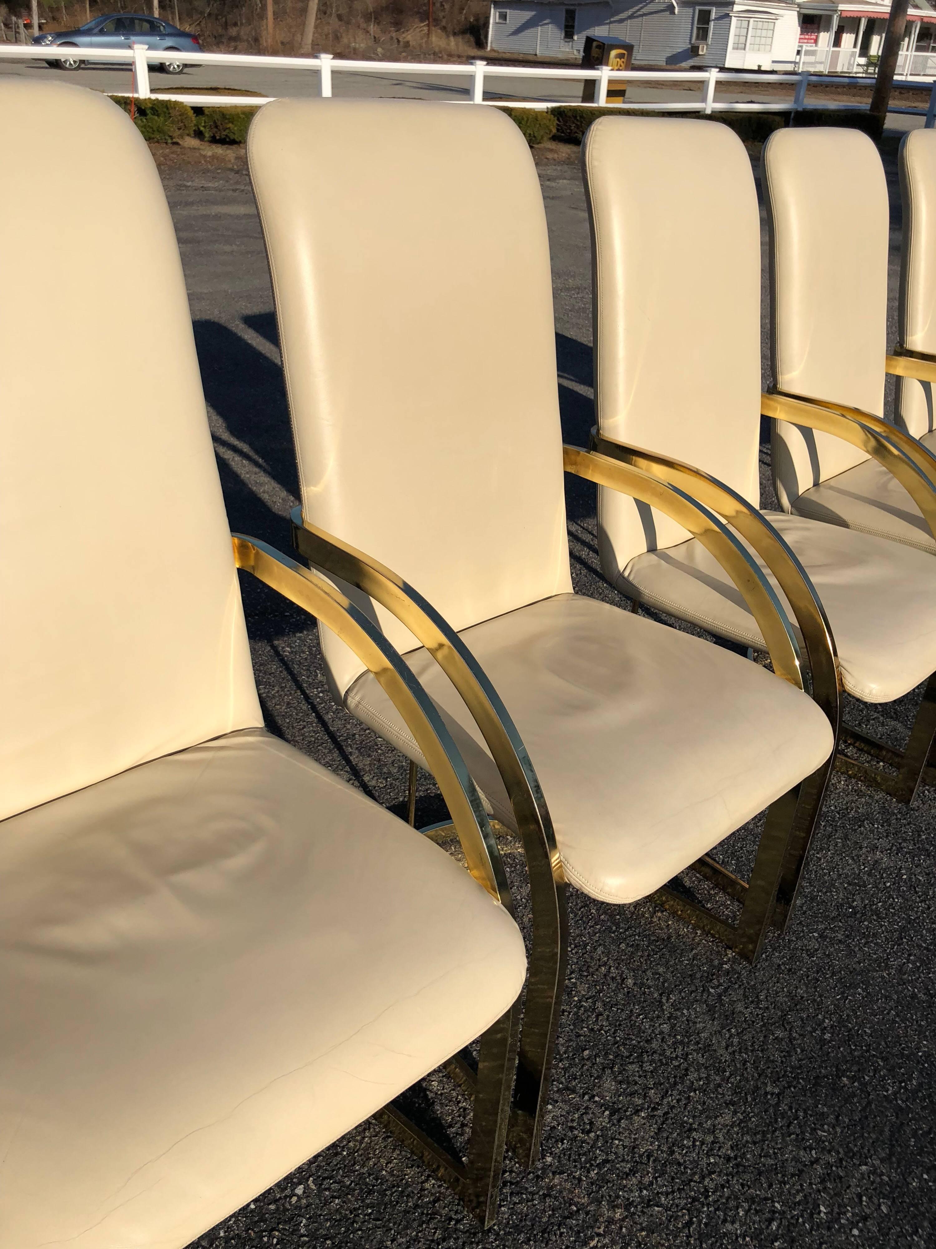 Milo Baughman Style Brass and Leather, Set of Chairs In Good Condition In Redding, CT